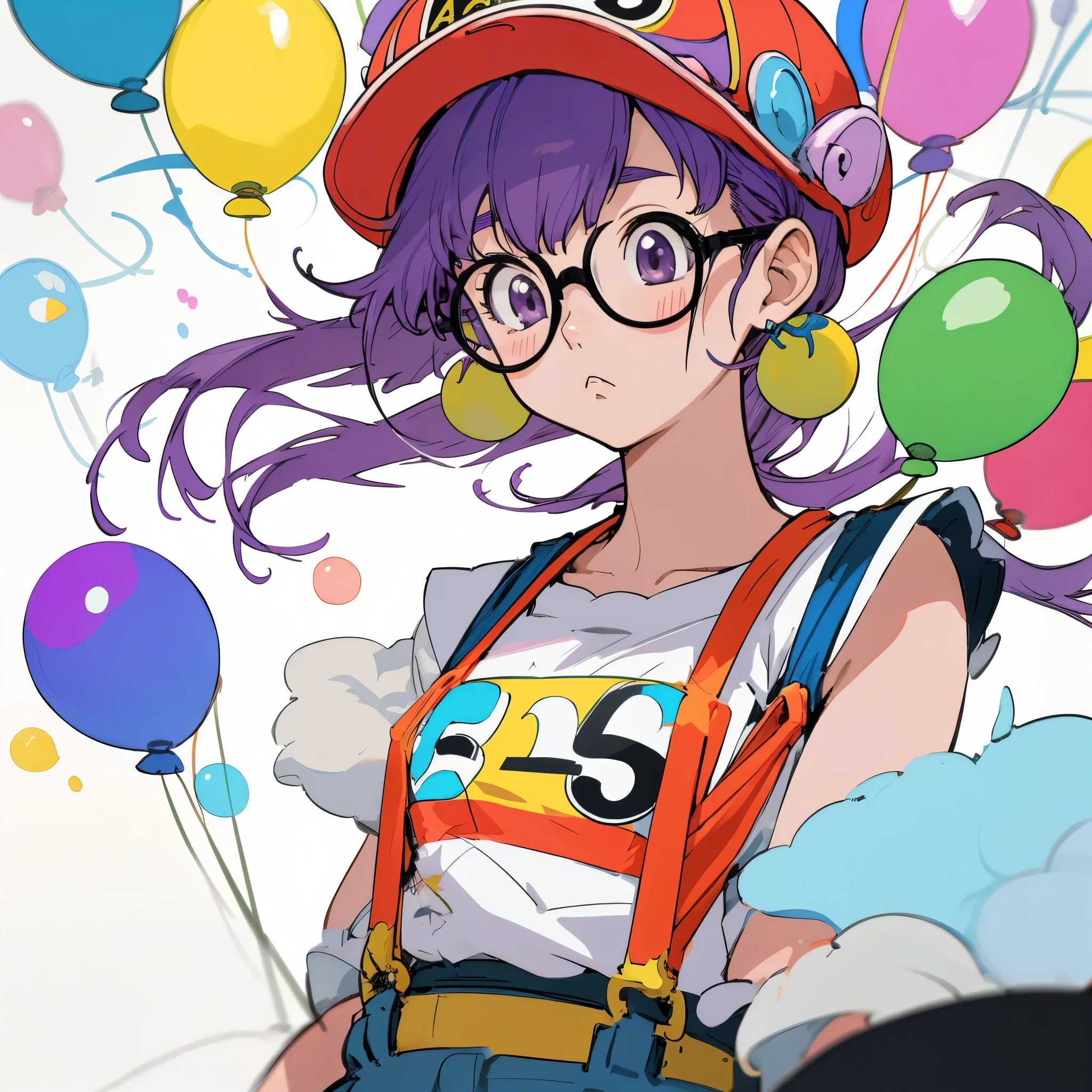 A *********** Arale（Arale）Bust of a character；Colorful balloons floating in the background。purple hair，[red hat（There are little wings on the hat）]，Glasses，White T-shirt，Blue suspenders；original image；（Characters conform to human anatomy，Repair of body and limbs，Coordinated body structure）Atmosphere rendering。colorful，Color coordination。Rich in details。illustration style，Japanese manga style，Toriyama Akira style；Original style；graphic arts，Poster cover。(masterpiece, best quality)