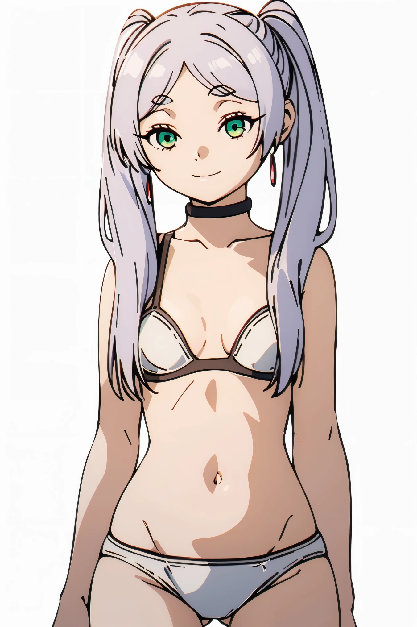 (Best Quality, Masterpiece),sexy,  erotic, 1girl, 18 years old, Contempt, pride, silver hair, 2 ponytails, ((white bra)), white panties, (((small breasts))), white background, ((cowboy shot)), ((proud smile)), looking at viewer, (green eyes)