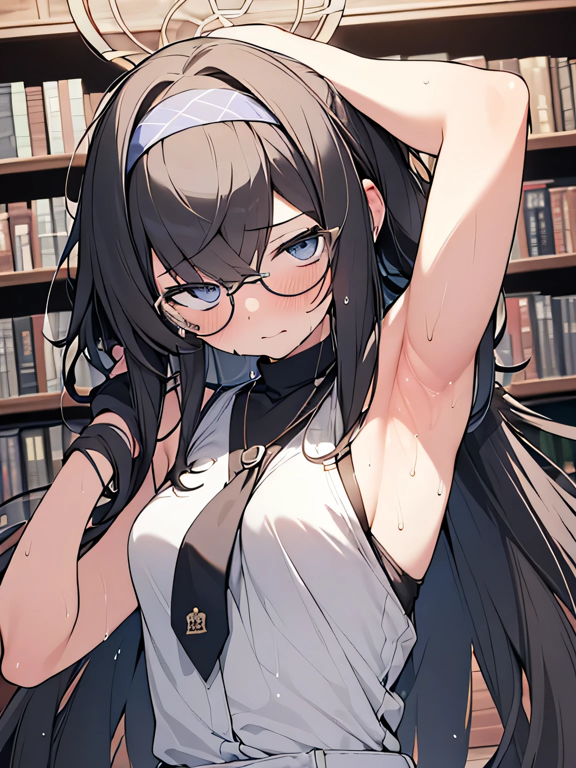 (Ultra Real), (Illustration), (High Resolution), (8K), (Very Detailed), (Best Illustration), (Beautiful Detailed Eyes), (Best Quality), (Super Detailed), (Masterpiece), (Wallpaper), (Detailed Face), Solo, (Dynamic Pose, 1girl,Cute, blush, small breasts⁩, Center division, arm up, armpits, sweat, show armpits. Library. Library background round glasses