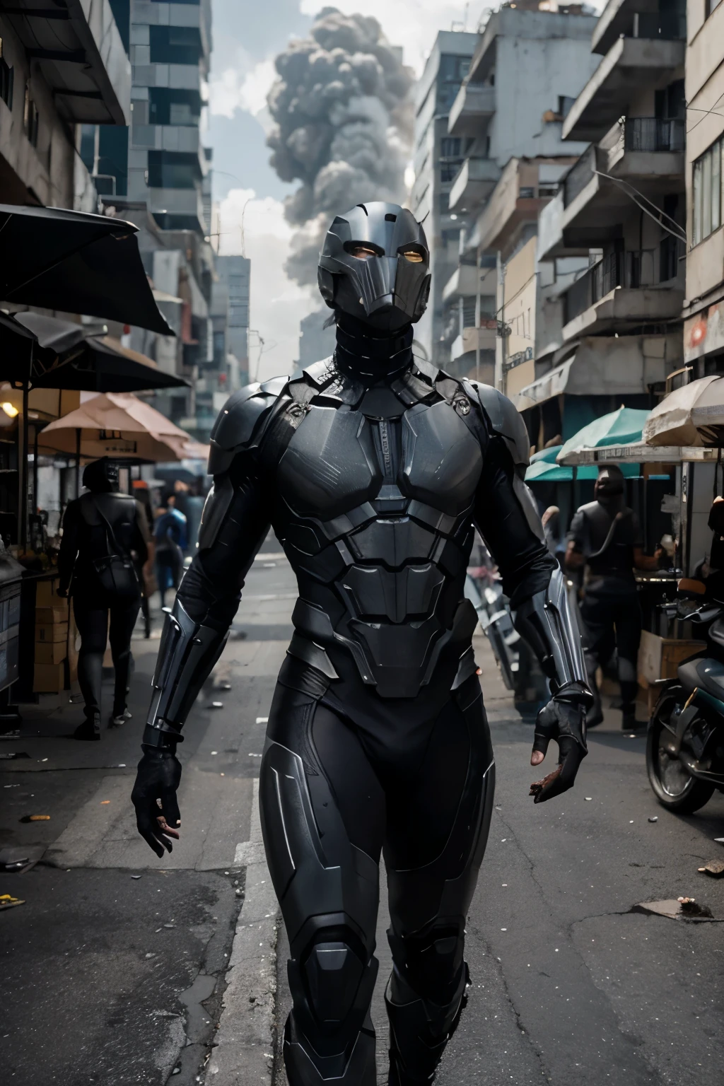 Imagine um grilo humanoide. musculoso. com uma armadura feita de vibranium. its wings are made of carbon fiber. ele encontra-se em uma cidade cyberpunk. gray sky from pollution. decaying buildings and food stalls distributed along the street.