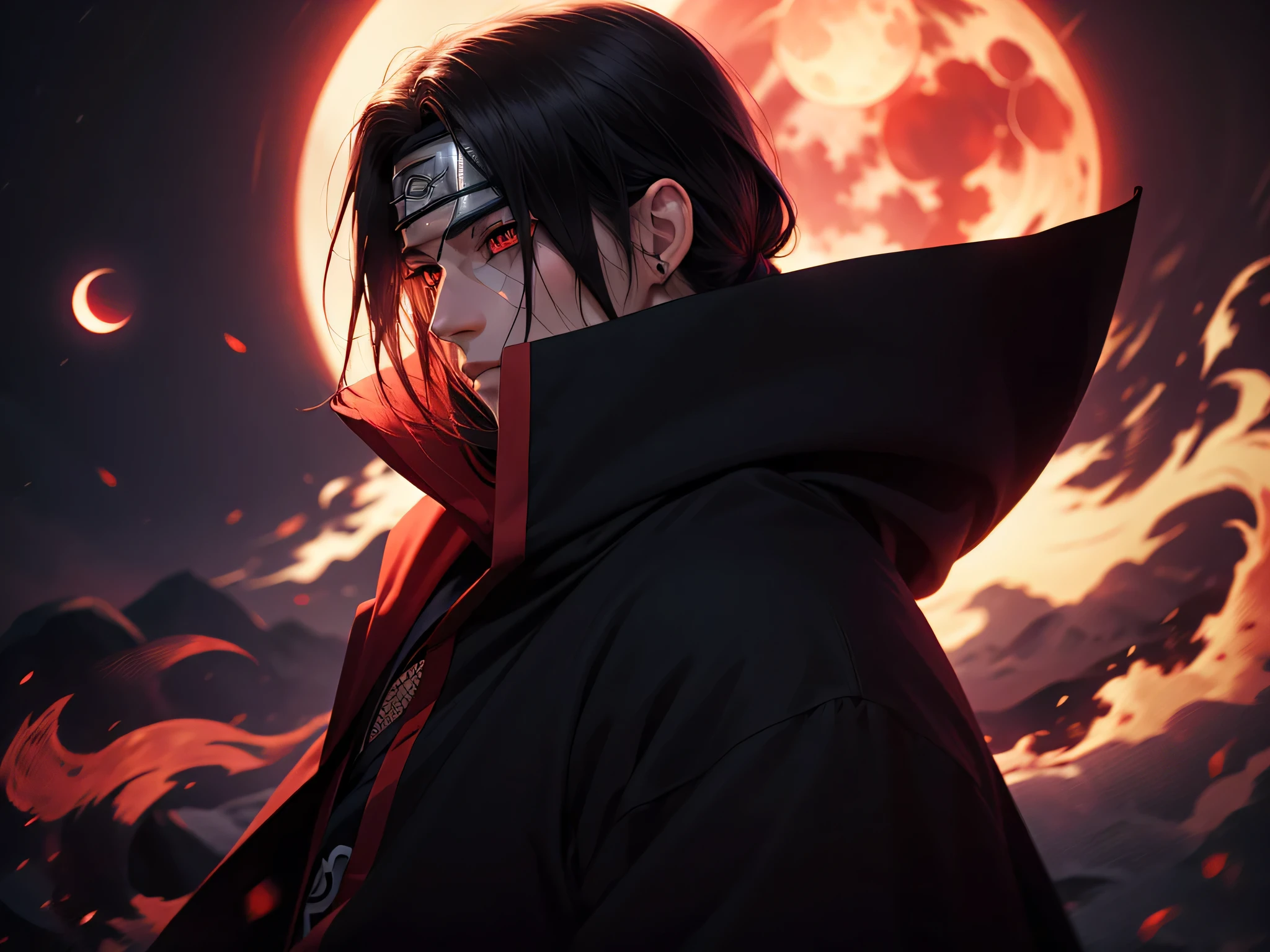 Masterpiece, high detailed, a young man covered in black cape with red cloud drawing or akatsuki robe from naruto, itachi uchiha, red eyes, upper body, shinobi, Konoha headband, red moon in the background, red theme, from naruto, long hair, covered in red flame