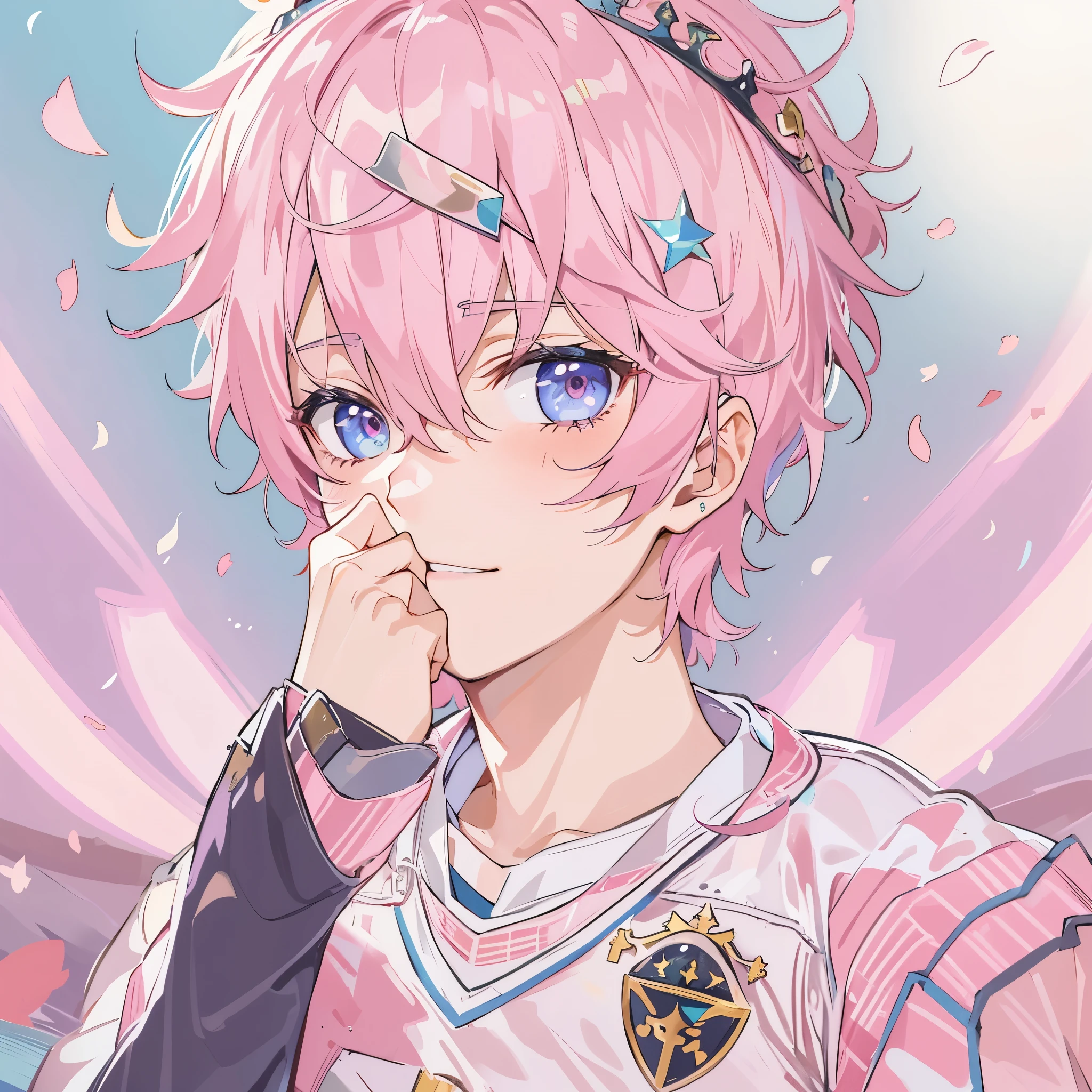 (1boy, masculino),(atacante),uniforme de futebol, aquamarine eyes, Campo de futebol,astolfo fate, , pink short hair, crown over the head