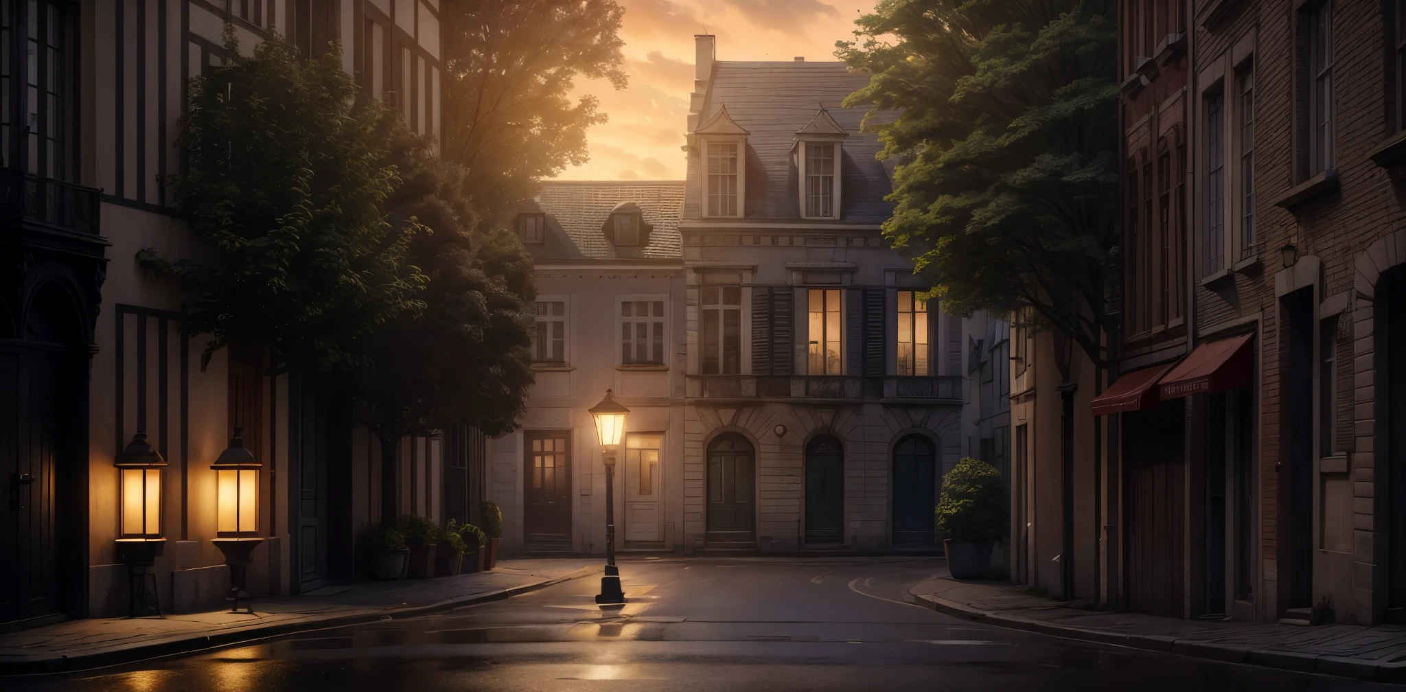 Ultra realistically detailed. Day time, ambient light. Facades of budget houses of typical historical buildings of Brussels. A street lantern in the middle of shot