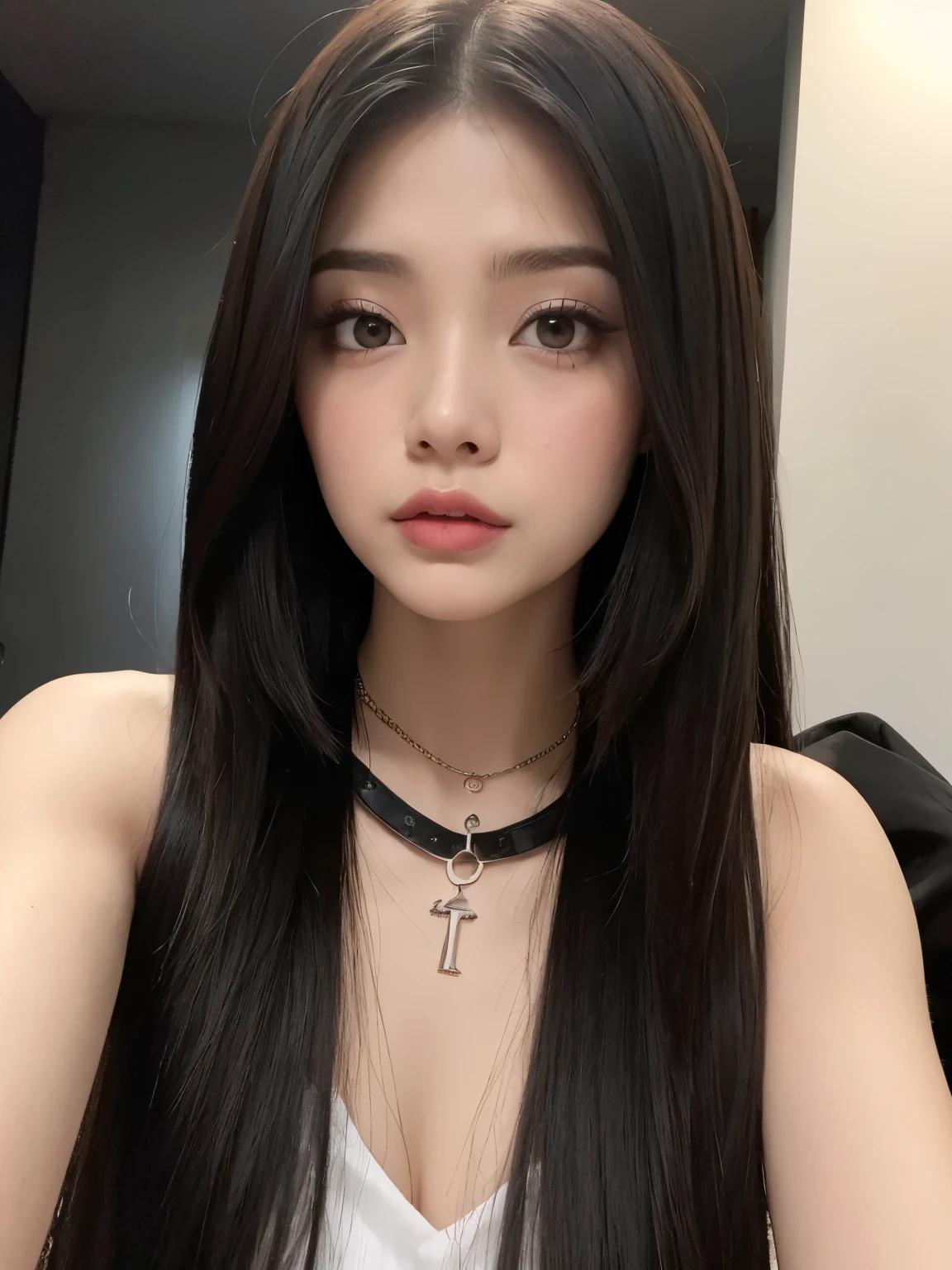 Kim Jennie con el cabello negro oscuro, con rulos en las puntas del cabello negro oscuro, con un ganchito de estrella en el cabello negro oscuro, ojos de color claro, ojos bonitos, ojos llorosos, nariz bonita y respingada, labios bonitos, labios rosas, heart and cupid shaped lip, piel bonita, pale, piel blanca, con lunares y pecas en todo el rostro, rubor rosa suave en las mejilla, rubor rosa natural, dark and gothic makeup, Jennie gotica, mientras ella esta con un chico lindo a su lado, with a cute asian boy standing next to her, mientras hay un torso de hombre, mientras el hombre&#39;His hand is on his jaw.., manos bonitas de hombre, with a gothic boy, cuellos bonito, cuello marcado, frown, mirada enojada, con un collar de beso, un collar bonito de beso, mientras sus pezones son notorios (pechos grandes, pechos suaves, pechos bonitos, pechos naturales), con un vestido blanco, vestido corto y transparente, visible on the nipple, con un chico a su lado, con su novio, mirando a la camara, autofoto