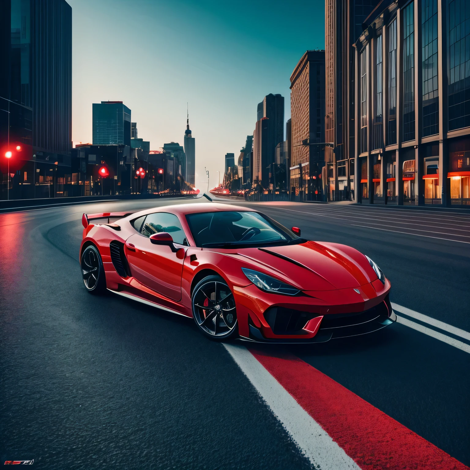 (best quality: 1.8,) red sports car driving on the road in the city, cinematic lighting, bright colors, 8 k