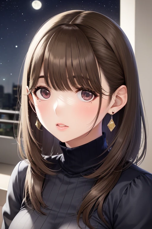 1女of子, blurry, blurry_background, Brown_eye, Brown_hair, depth_of_field, earrings, flower, full_moon, hair_flower, hair_decorinions, lips, looking for_in_peeping in the viewer, moon, moonlight, night, night_null, outdoor, advanced sense