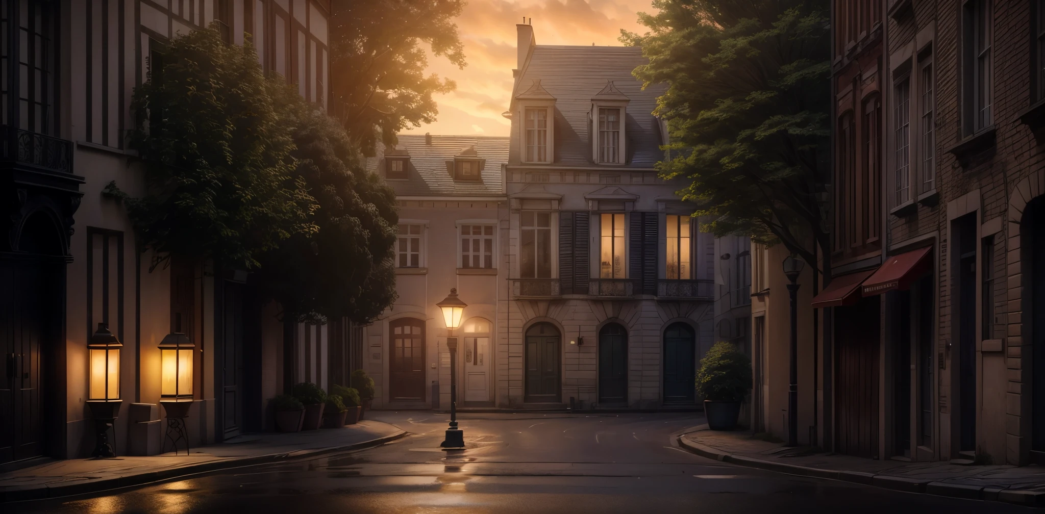 Ultra realistically detailed. Day time, ambient light. Facades of budget houses of typical historical buildings of Brussels. A street lantern in the middle of shot