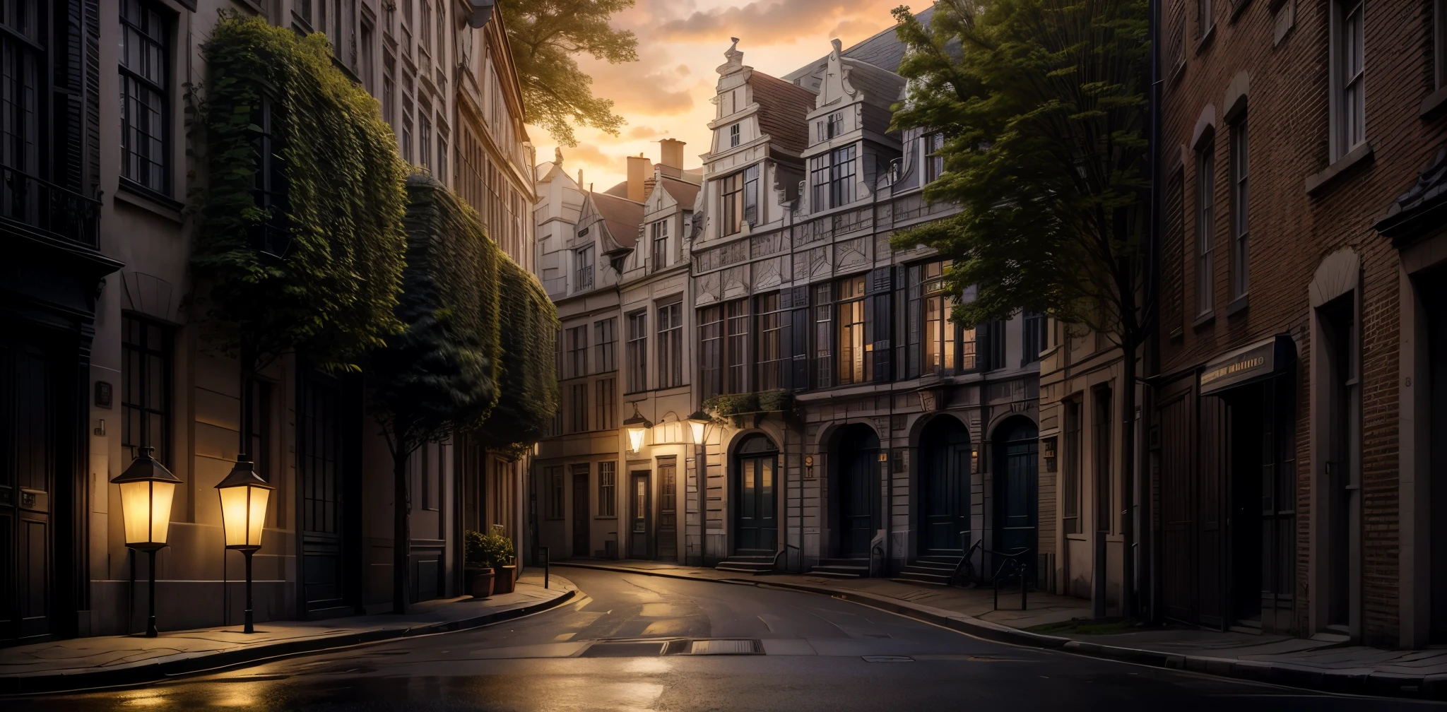 Ultra realistically detailed. Day time ambient light,Facades of budget houses of typical historical buildings of Brussels. A street lantern in the middle of shot