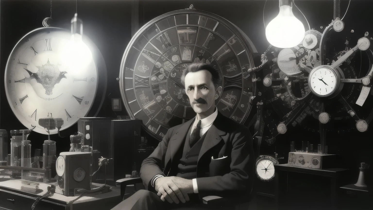 arafed man sitting in a chair in front of a clock, nikola tesla, portrait of nikola tesla, nikolai tesla in his lab, futurist, an inventor, inspired by Enrique Grau, early xx century technology, by Everett Warner, inspired by Paul-Émile Borduas, man in futurist 6 0 ´ s lab, inspired by Thomas Mann Baynes