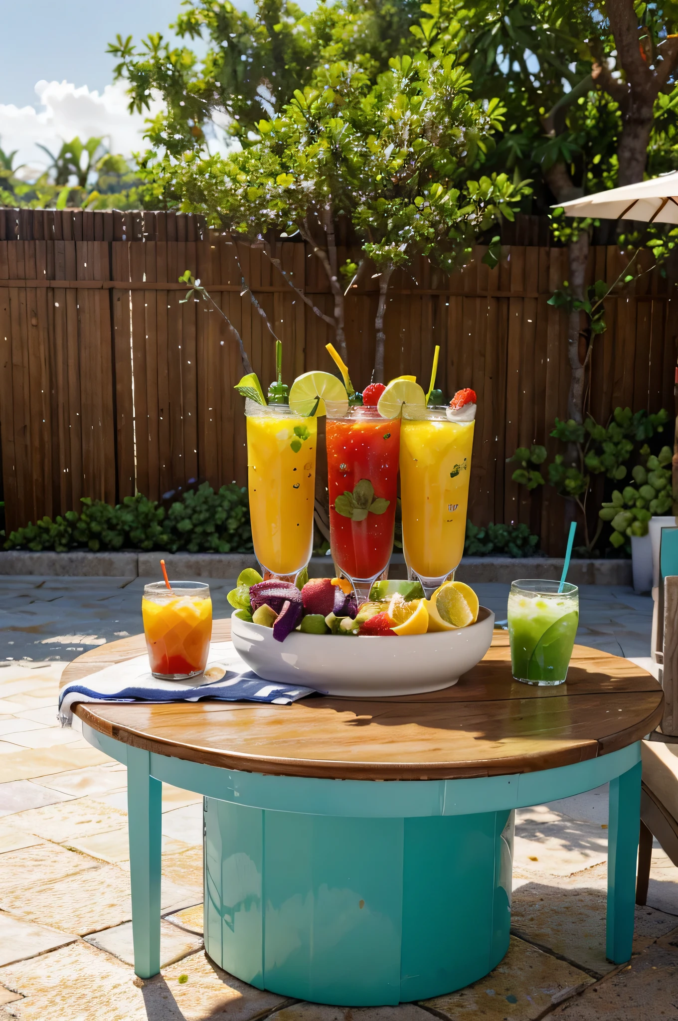 Uma mesa colorida e vibrante repleta de frutas frescas, crispy vegetables and healthy dishes. Glasses of ice water are strategically positioned around, adding a refreshing touch to the scene. Ao fundo, A bright, radiant sun symbolizes the energy and vitality that a healthy diet provides.