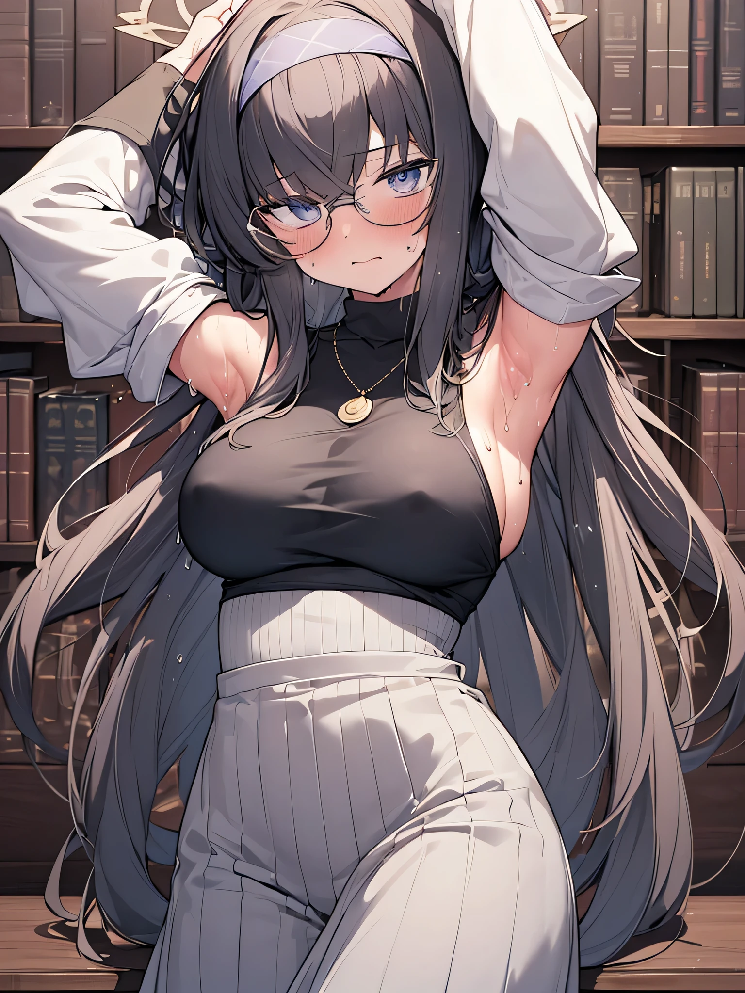(Ultra Real), (Illustration), (High Resolution), (8K), (Very Detailed), (Best Illustration), (Beautiful Detailed Eyes), (Best Quality), (Super Detailed), (Masterpiece), (Wallpaper), (Detailed Face), Solo, (Dynamic Pose, 1girl,Cute, blush, big breasts, Center division, arm up, armpits, sweat, show armpits. Library. Library background round glasses