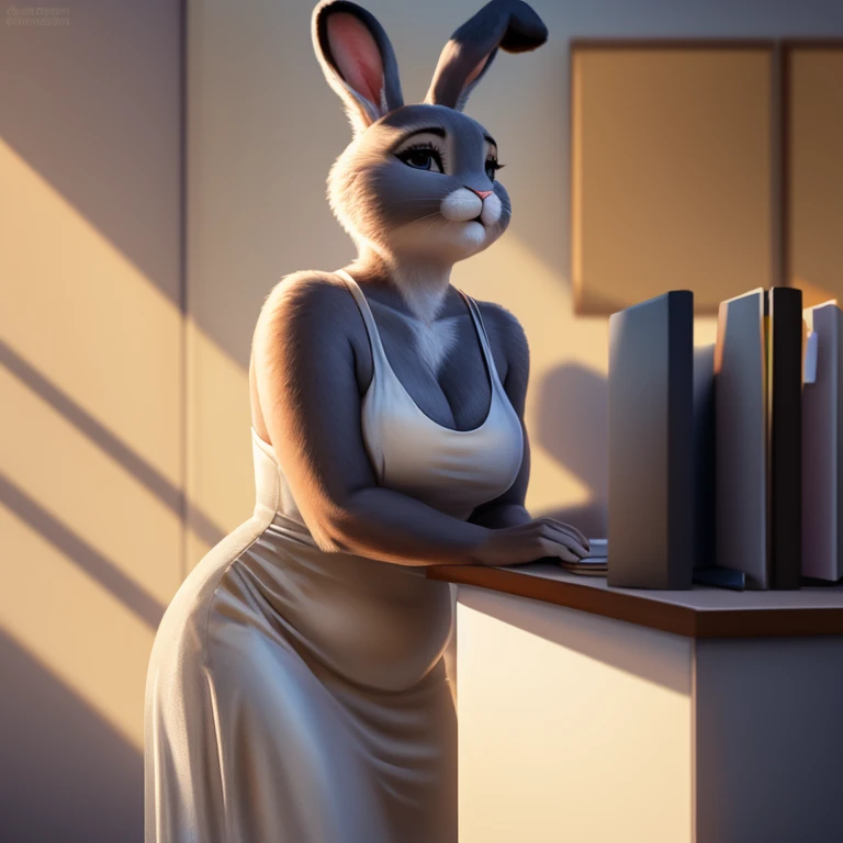 A gray chubby rabbit, wearing a white tube dress, office background, highest detail, anthro, furry art, high realistic shadows, 4k, high realistic lighting