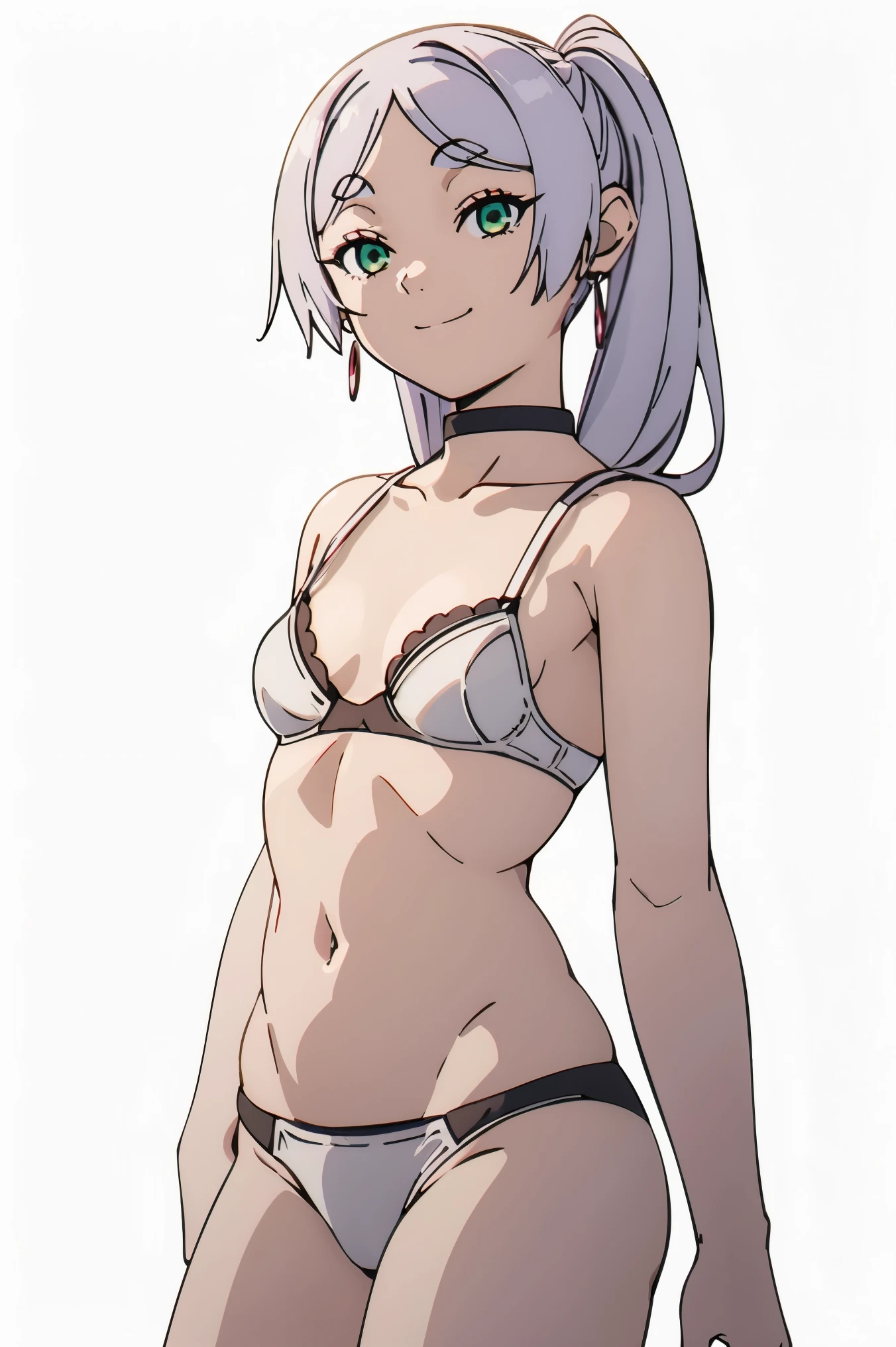 (Best Quality, Masterpiece),sexy,  erotic, 1girl, 18 years old, Contempt, pride, silver hair, 2 ponytails, ((white bra)), white panties, (((small breasts))), white background, ((cowboy shot)), ((proud smile)), looking at viewer, (green eyes)