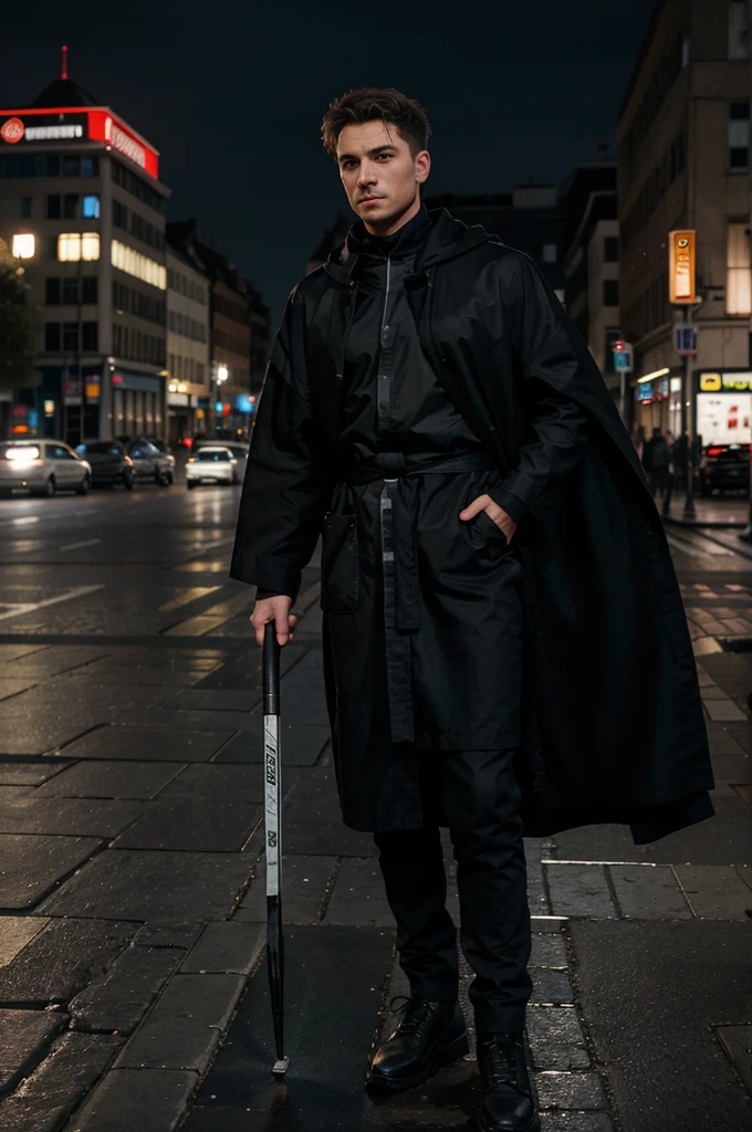 Ein junger Mann von etwa 20 Jahren, mit einem markanten Gesicht und dunklen Haaren, die ihm ins Gesicht fallen, stands on a futuristic sidewalk in a highly developed metropolis. Seine braunen Augen strahlen Entschlossenheit aus, as he grips a state-of-the-art scythe in a tight grip. At night it is surrounded by shining, surrounded by towering buildings and floating vehicles, deren Lichter die Dunkelheit durchdringen. Seine Kleidung besteht aus einer schwarzen Robe, die seinem ernsten und zielstrebigen Auftreten entspricht.