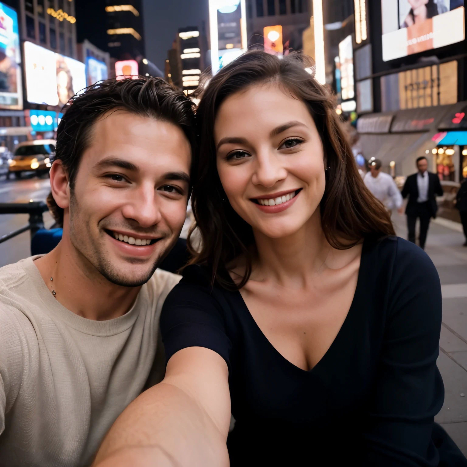 Handsome husband and very beautiful elegant classy wife selfie new york usa smiling giggling teasing romantic happy couples , dream couple,