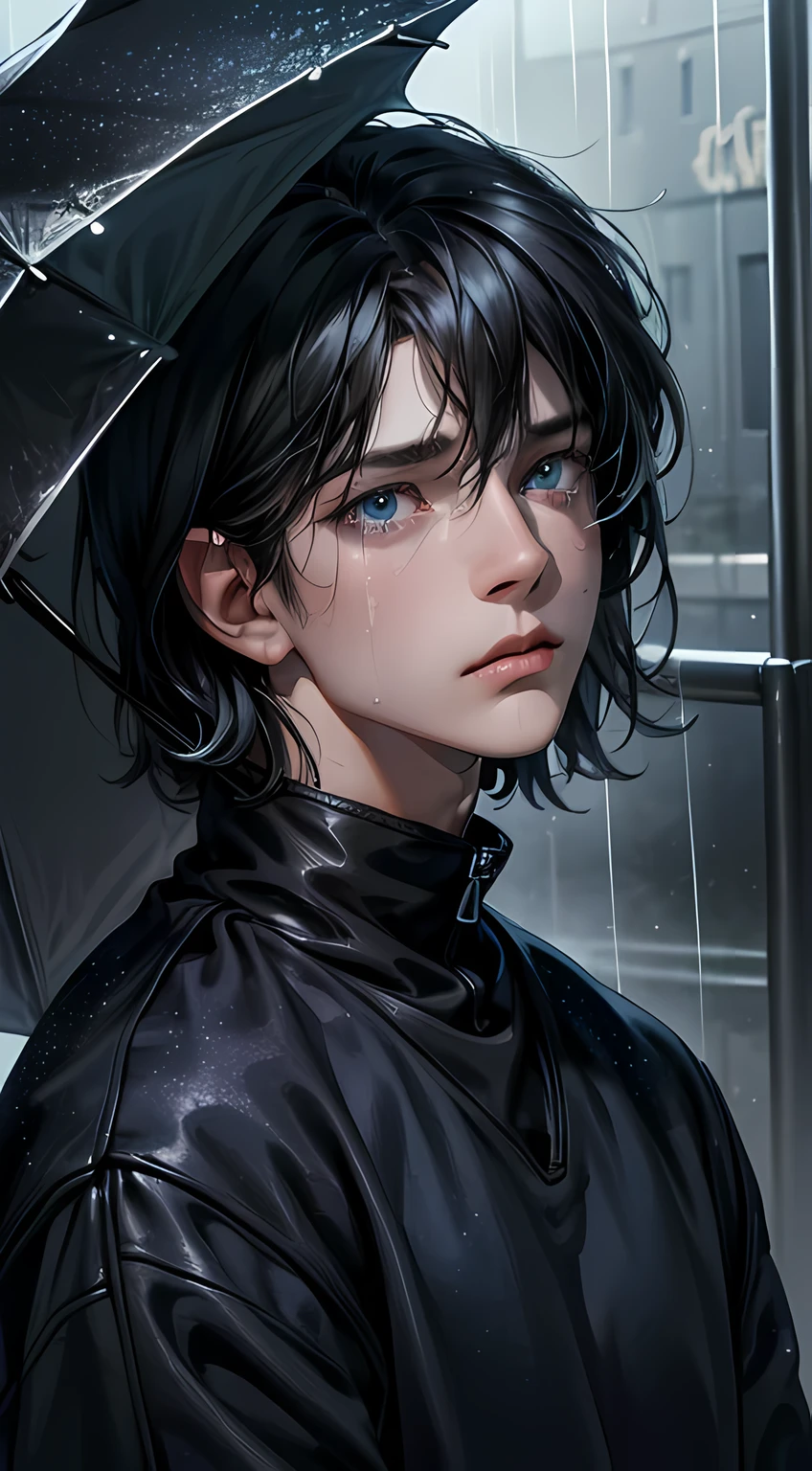 (blue eyes,black hair,sweatshirt, rain,sad atmosphere,crying boy) (highres,ultra-detailed,photorealistic),portrait,moody lighting, 32 years old, bangs fall over eyes