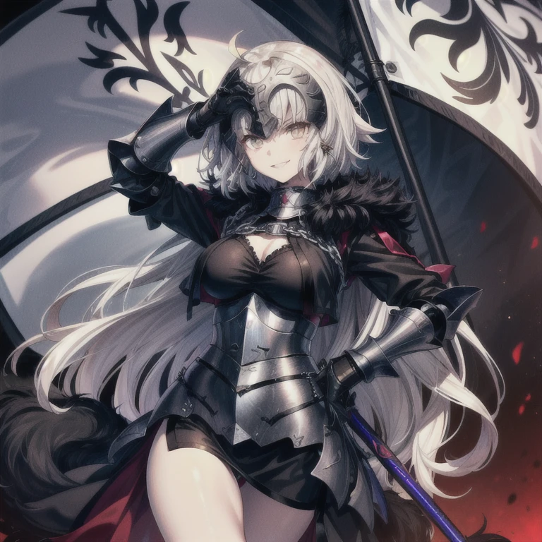 (top-quality、masterpiece:1.2)、1girl in、Beautiful fece、Beautiful fece、styles、elegent、enticing、A sexy、Beautiful and well-groomed face、beautidful eyes、beautiful hairl、slick skin、((Joan of Arc Alter))Characters of fate,Fashionable with a change of clothes、White hair、Looking at the camera、Create a department、One hand is on his hip((unrevealing clothes))、((Stick the battle flag to the ground))Eyes of Gold、((Black fur coat、Black Armor))、Colossal tits、Big buttocks、femele、 ((Vicious look、Vulgar smile)) ((Background with、karo、battle field))Adults