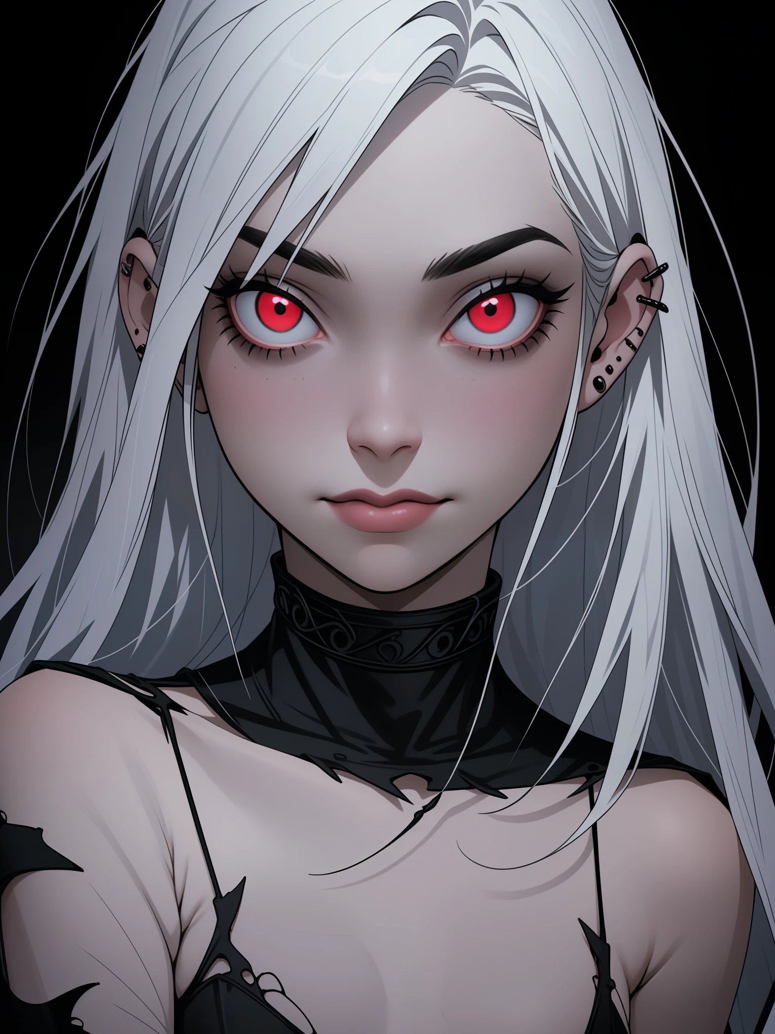 Beautiful young white-haired girl with piercing red eyes, half smile with full lips, black nails, barbed wires everywhere(coiled black barbed wires)