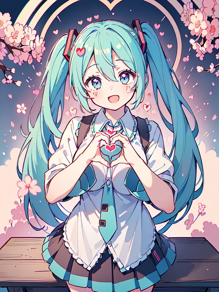 ((Beautiful high school girl Hatsune Miku)), ((She is wearing a white collared shirt and a plaid skirt)), , ((masterpiece, highest quality, Super fine, High resolution)), anime girl, ((Super detailed illustrations:1.2)), alone, bangs, hair between eyes, beautiful hair, beautiful eyes, medium breasts, big smile, open mouth, cherry blossoms, schoolyard, ((heart mark with hands:1.6))
