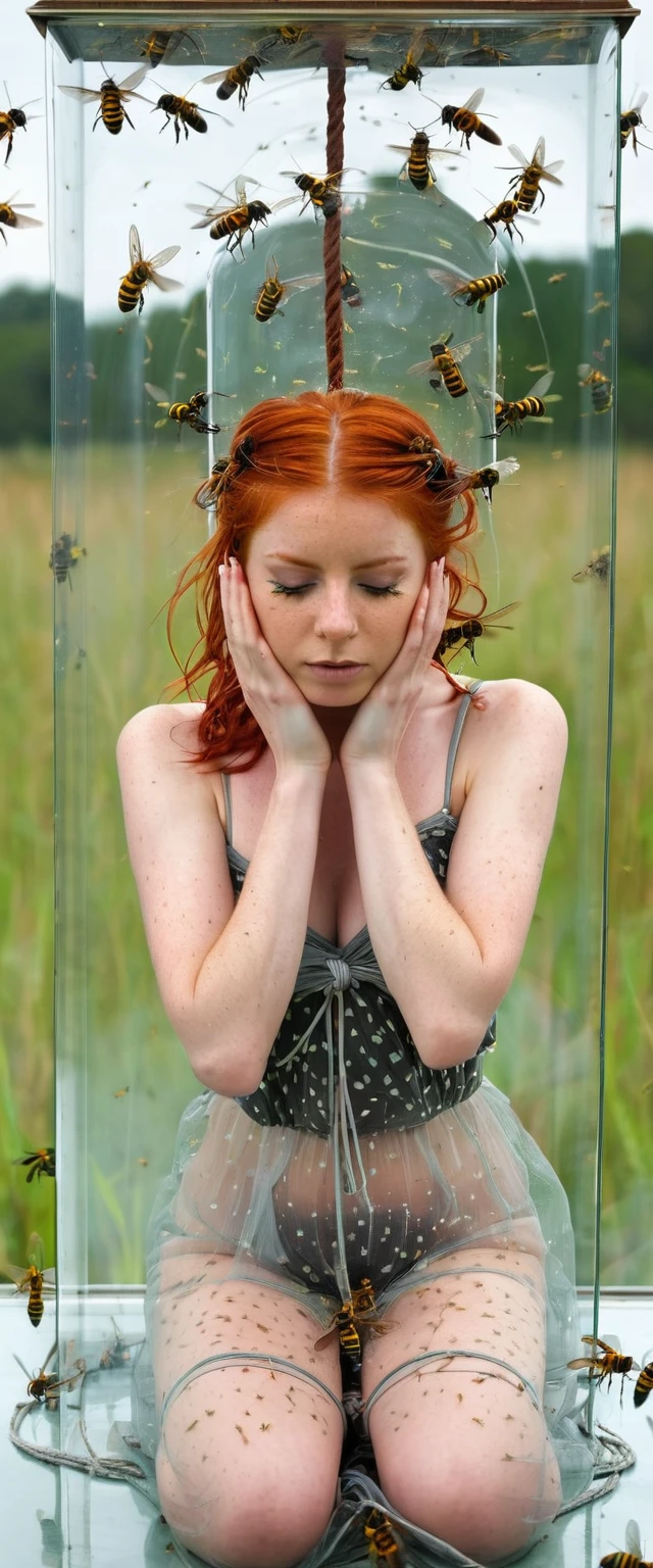 A 20 year old sexy red head woman, her hands tied over her head, her legs tied over her head, in a glass case, wasps flying around in the case with her, wasps landing on her face