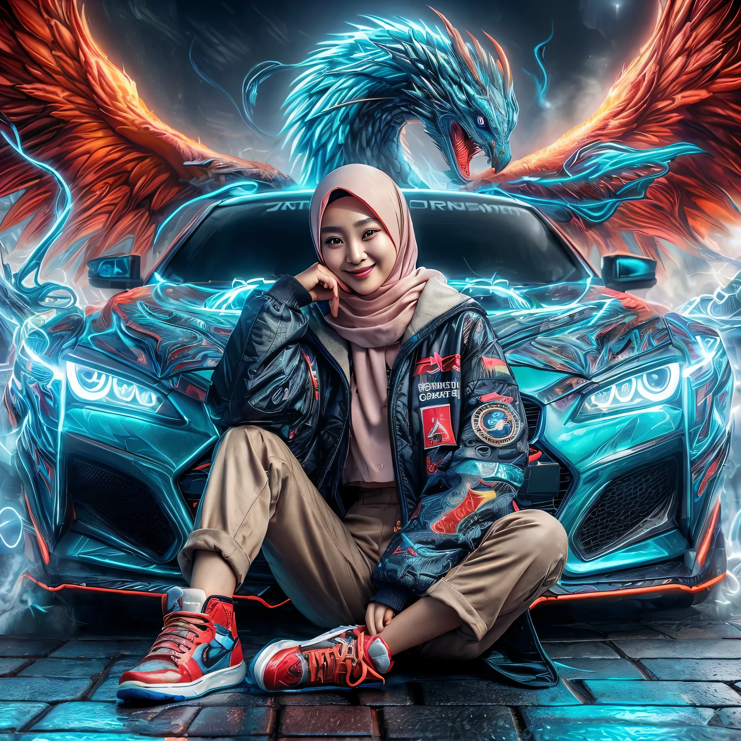 a beautiful Korean woman wearing a hijab, jacket with the words "ZACK CREATOR", logo font on the jacket, trousers, Jordan shoes, sitting on the hood of the car, the car has been modified in the shape of a cool dragon with dynamic blue decoration, smiling sweetly, The camera faces, with a futuristic light, behind the woman there is a large Phoenix bird flying around her with a large red color, the writing in Indonesian is clear