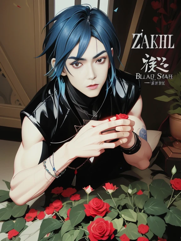 Ara of a man with blue hair and a scar on his face々new image, magazine photo from 2007, Xiaolong, magazine scan, takeyuki kanda, Hajime Sorayama's style, vampire, gojo satoru, black eyes, Three white eyes, emotionless expression, (looking at another), looking up, Black-haired Sui Ishida, yan, white skin, black eyeshadow, black leather jacket, handsome japanese devil boy, hajime sorayama style,solo, 1boy, jewelry, blue hair, Rose, male focus, felled flowers, red flower