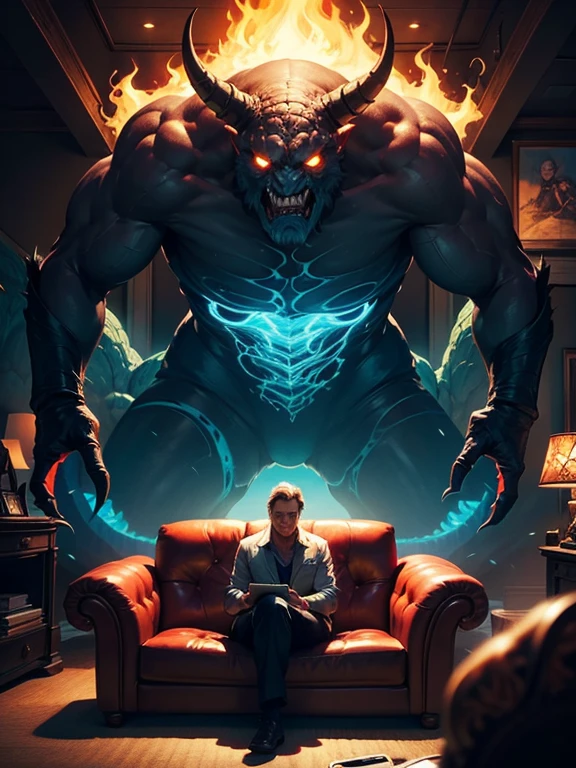 a picture taken from a computer of a man sitting on a couch in a room full of monsters, concept art by Dan Mumford, behance contest winner,