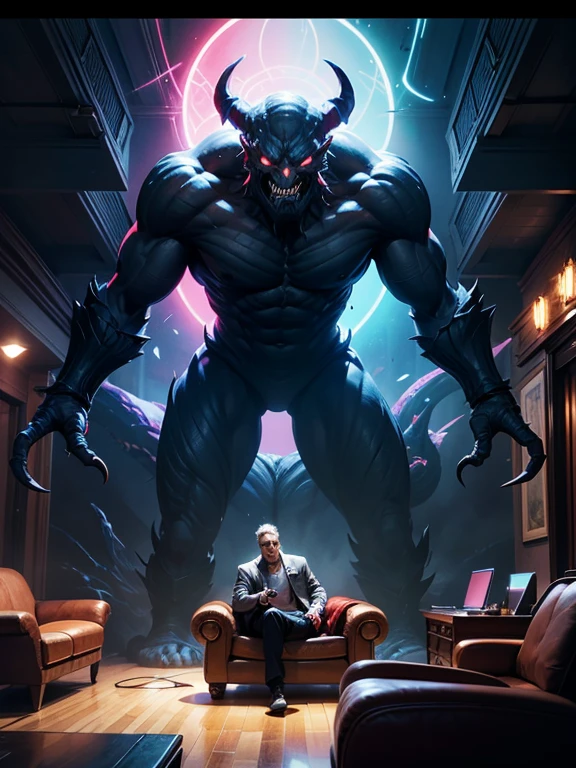 a picture taken from a computer of a man sitting on a couch in a room full balrog monsters, concept art by Dan Mumford, behance contest winner, psychedelic art, 