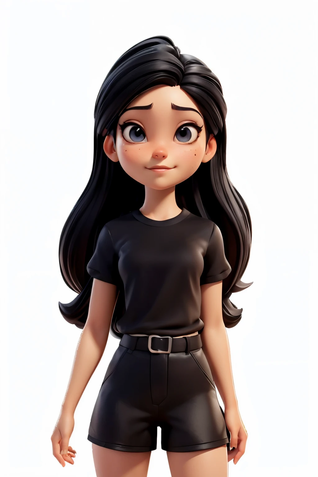 uma garota de desenho animado com cabelo preto e shorts pretos, Arnold Maya rendering, animation character, arte oficial do personagem, 3d rendering of a cute anime girl, personagem estilizado, personagem pequeno. motor irreal 5, arte oficial, stylized as a 3D rendering, personagem 3d, Personagem 3D, em estilo cartoon, official character illustration, official rendering, personagem de perto