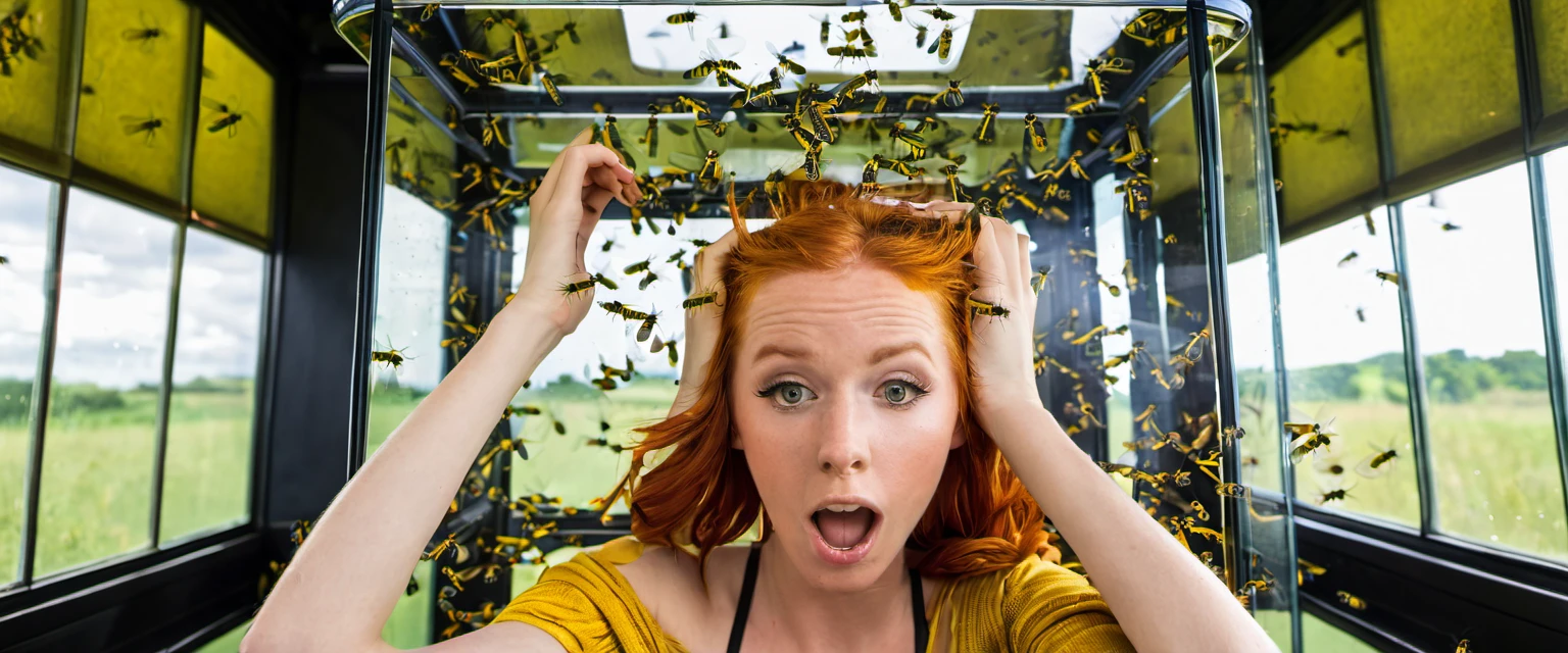 A 20 year old sexy red head woman, her hands tied over her head, her legs tied over her head, in a glass case, wasps flying around in the case with her, wasps landing on her face 