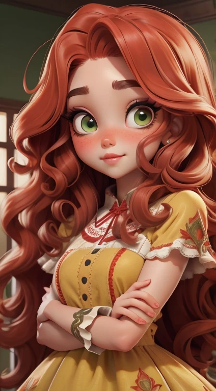 1girl, a look at the viewerб a girl like angel with bright red long curly hair,  green eyes, long red lashes, vivid face skin, with beige lace dress, Precise details, 