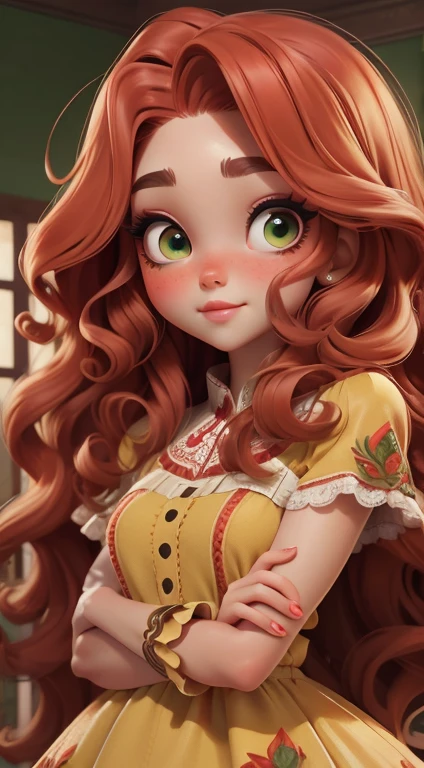 1girl, a look at the viewerб a girl like angel with bright red long curly hair,  green eyes, long red lashes, vivid face skin, with beige lace dress, Precise details, 