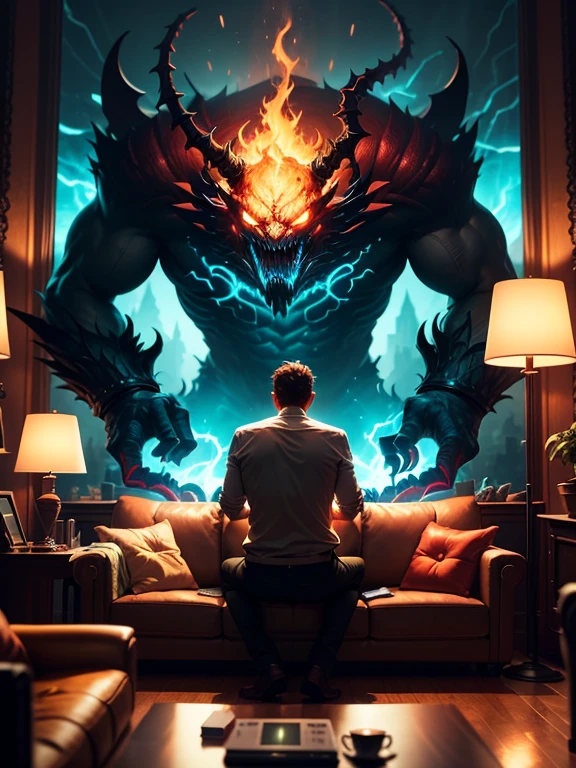 a picture taken from a computer of a man sitting on a couch in a room full balrog monsters, concept art by Dan Mumford, behance contest winner, psychedelic art, 