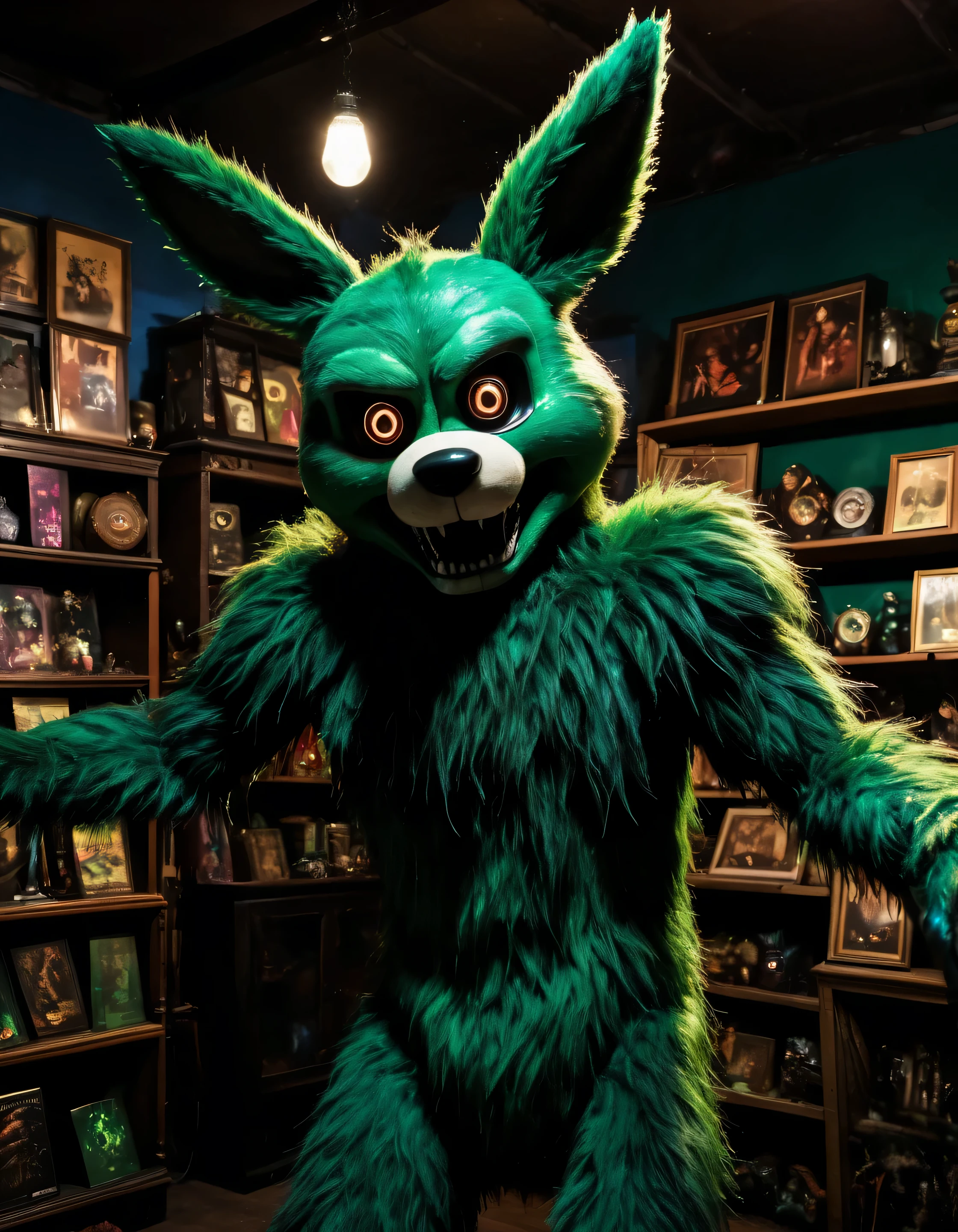 photo of an creepy (furry) humanoid animatronic in a (dark-antique-store), lunging horror, iridescent, ugly, fnaf vhs, (black|green), terrifying, nefarious, menacing, animatronic, humanoid arms and head, (hair, furry), Subsurface-scattering dark-aesthetic) (detailed, high-quality, highres, 8k, high saturation)
