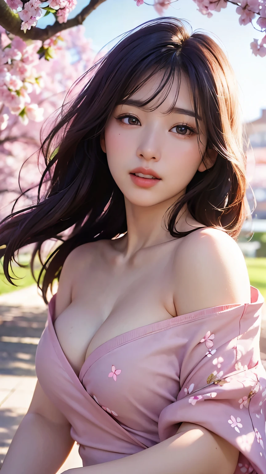 (A logo、masterpiece、8K、masutepiece、Raw photo、Fantastic、Best Quality、Photorealistic and ighly detailed CG integrated 8k wallpaper、hightquality、ighly detailed、epic poem、Particle effect、Dynamic effects、depth of fields、Cinematic Light、Lens Flare、Ray tracing)、Fantasia、 (Beauty 1 person、doress、Dress、Cherry blossom pattern、A dark-haired、Beautiful face、Real Face、beautiful details eyes beautiful skin)、my hair dances in the wind、Hair flutters in the wind、Hair jumps、Pink cherry blossom tree、Petals flutter、Sakura blizzard、Superb view、morning glow、Sun in the background、the wind、