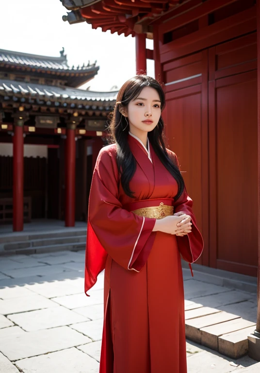 a woman,Wearing red Hanfu dress,Standing in the temple courtyard,Hands together,Pray sincerely