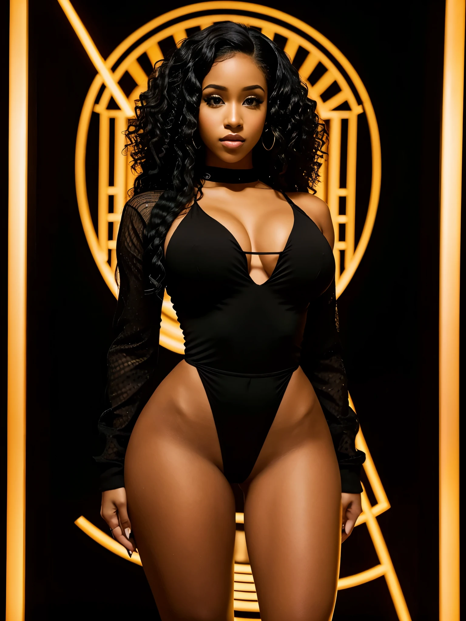 Foto hiperrealista en primer plano de Cardi B, masterpiece, best quality, (photorealistic:1.4), full body, (Black jumpsuit:1.1), black long loose curls, professionally suggestively posing for a photoshoot with black background, neons, cinematic light, beautiful woman, skinny, large breasts, perfect body and shape, detailed face, slutty face, looking straight to the camera, photo taken from a distance