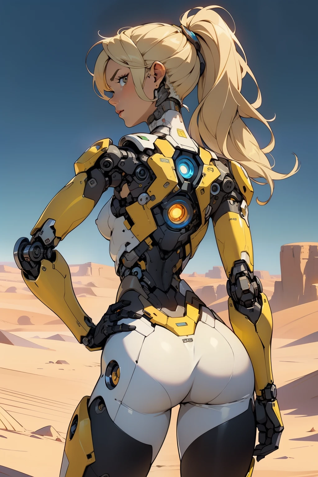 high quality, 4k, masterpiece, beautiful, cyborg girl, yellow design, cowboy shot, dull eyes, back side, turning around to look at viewer, long blonde hair, girl, small breasts, fit thigh, robotic arms, robotic body, cyborg body, yellow accent, redaccent, intricate detail, joint, detailed lines, robotic detail, 1fist on hip, color robotic parts, robotic parts with color, perfect fingers, on a desert planet, sunny background, colorful desert,