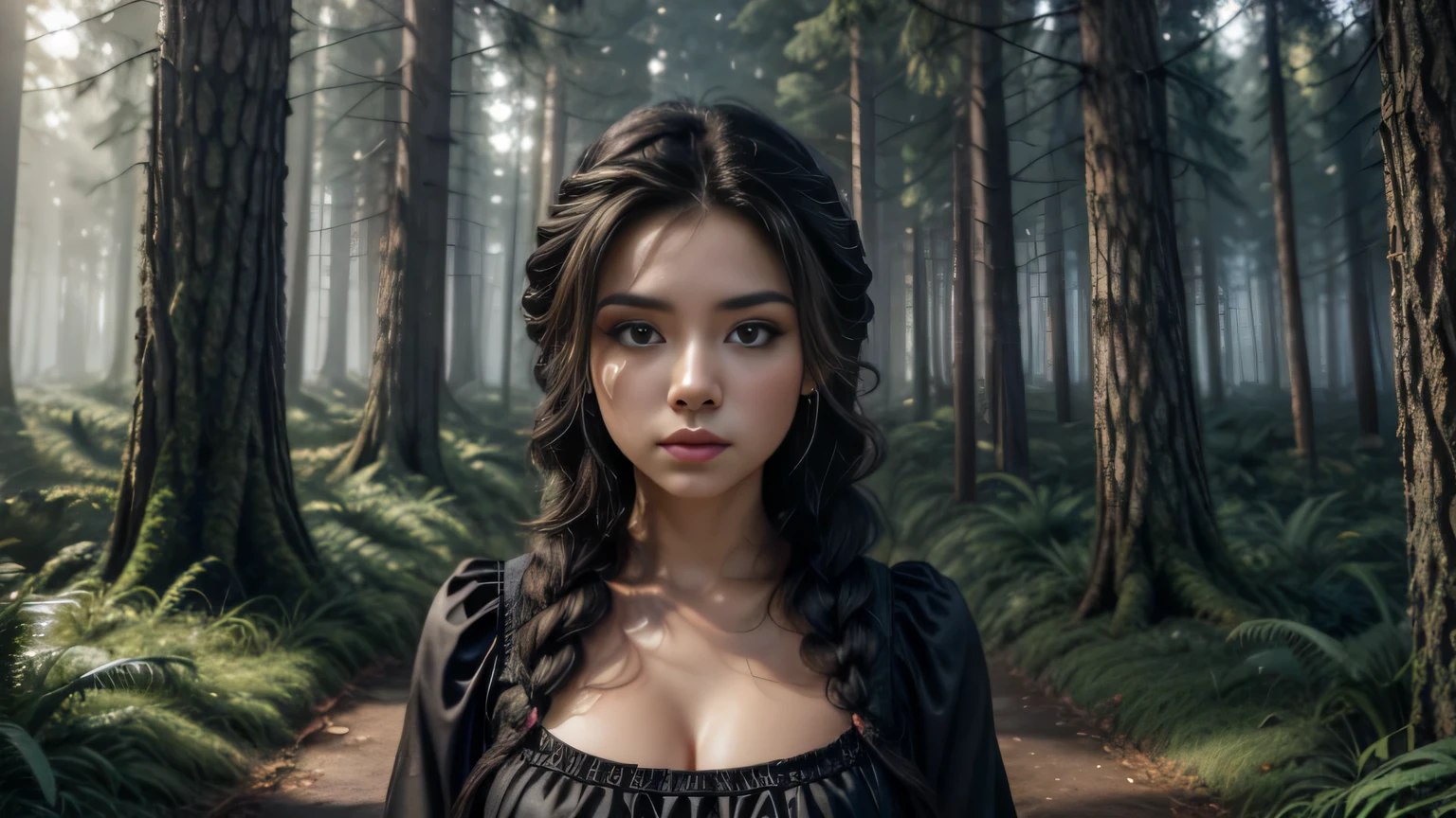 Best quality, masterpiece, Beautiful, young latina woman, looking straight at viewer, wearing simple black gown, open blue military on top, posing on path, professionalism, age, detailed face, detailed body, symmetric face, big cute eyes, cute face, dynamic pose, deep cleavage, perfect anatomy, photorealistic, curvy body, braid hair, 8k, ultra realistic, widescreen desktop wallpaper, foggy forest background, ambient occlusion