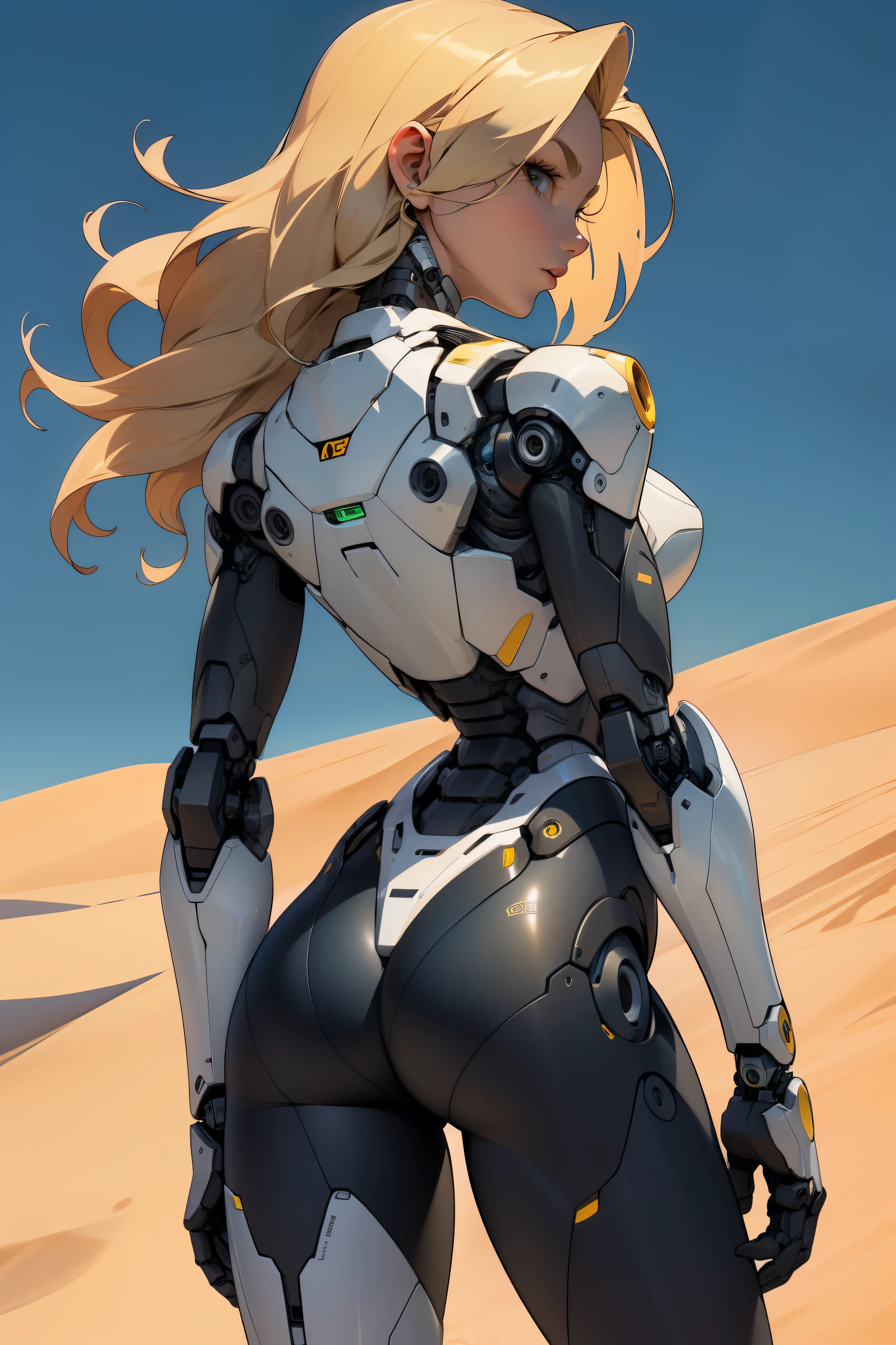high quality, 4k, masterpiece, beautiful, cyborg girl, cowboy shot, dull eyes, back side, turning around to look at viewer, long blonde hair, girl, small breasts, fit thigh, robotic arms, robotic body, cyborg body, yellow accent, redaccent, intricate detail, joint, detailed lines, robotic detail, 1fist on hip, color robotic parts, robotic parts with color, perfect fingers, on a desert planet, sunny background, colorful desert,