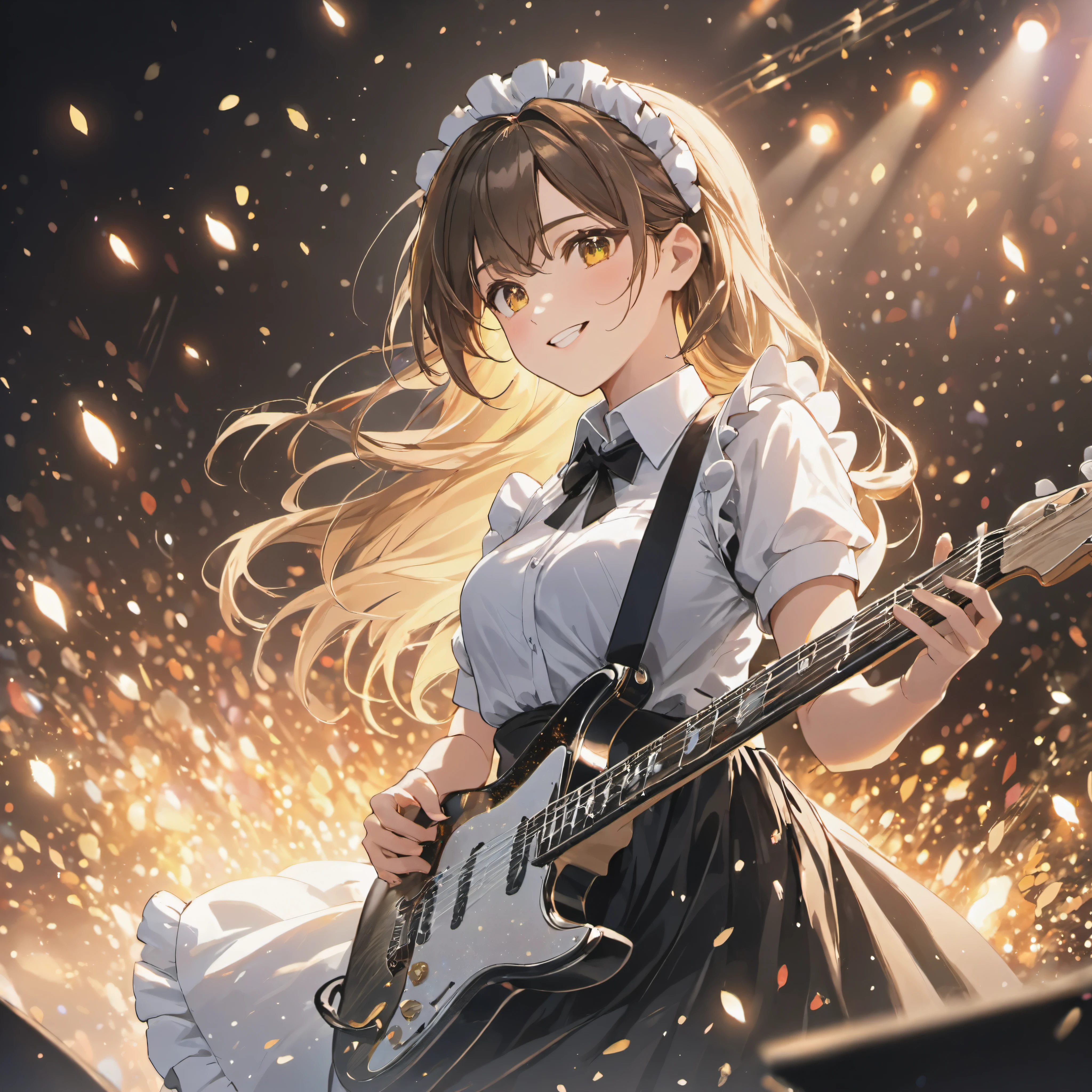 masterpiece,best quality,ultra detailed,4K,super fine illustration,anime key visual,highly detailed beautiful face and eyes,professional lighting,(traditional maid collared white shirt:1.3),long skirt,long hair,smile,band live performance,dynamic pose,Electric guitar,drum,spot light,colorful lighting,many glitter particles floating,reflect light,intense shadow,rim lighting,dynamic angle,