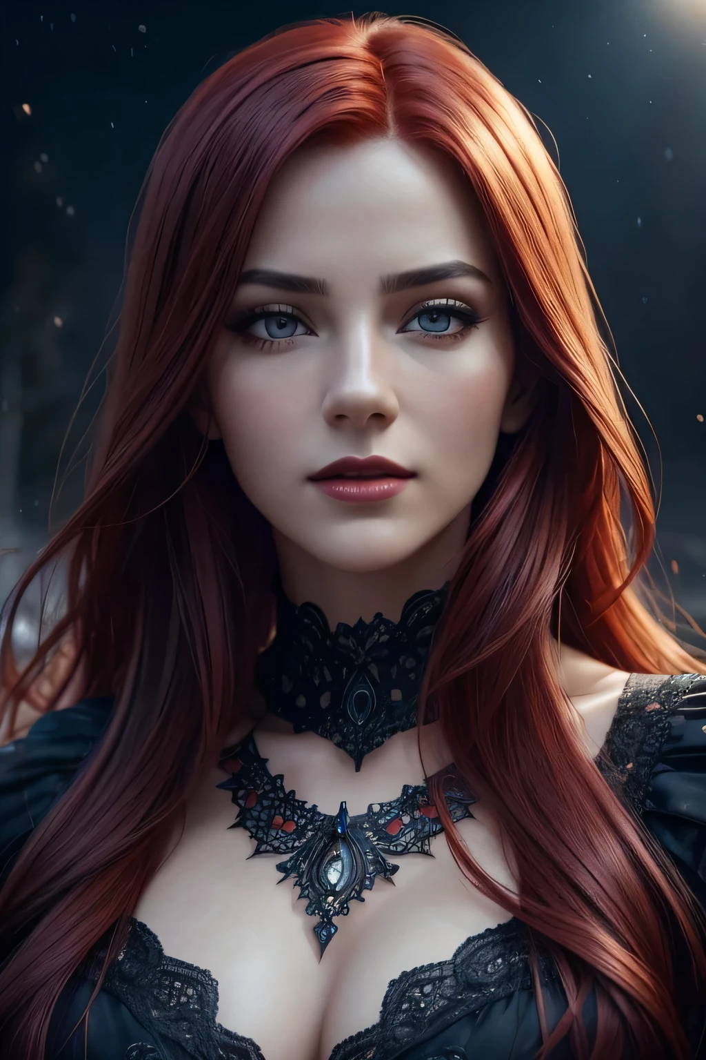 Official Art, Unity 8k wallpaper, super detailed, beautiful, beautiful, masterpiece, best quality,
darkness, atmosphere, mystery, romanticism, creepy, literature, art, fashion, victorian, decoration, intricacies, ironwork, lace, contemplation, emotional depth, supernatural,(((Dark magical energy surrounds her))),magic power surrounded,(((dark light surrounds her:1.5))),Dark Religious Tattoos,dark magic ceremony,
1woman,pray,arrogant,crimson hair,braided hair,poker face,glowing body,dark crown,black eye shadow,gigantic breasts,black lips,solo, neck,bust portrait