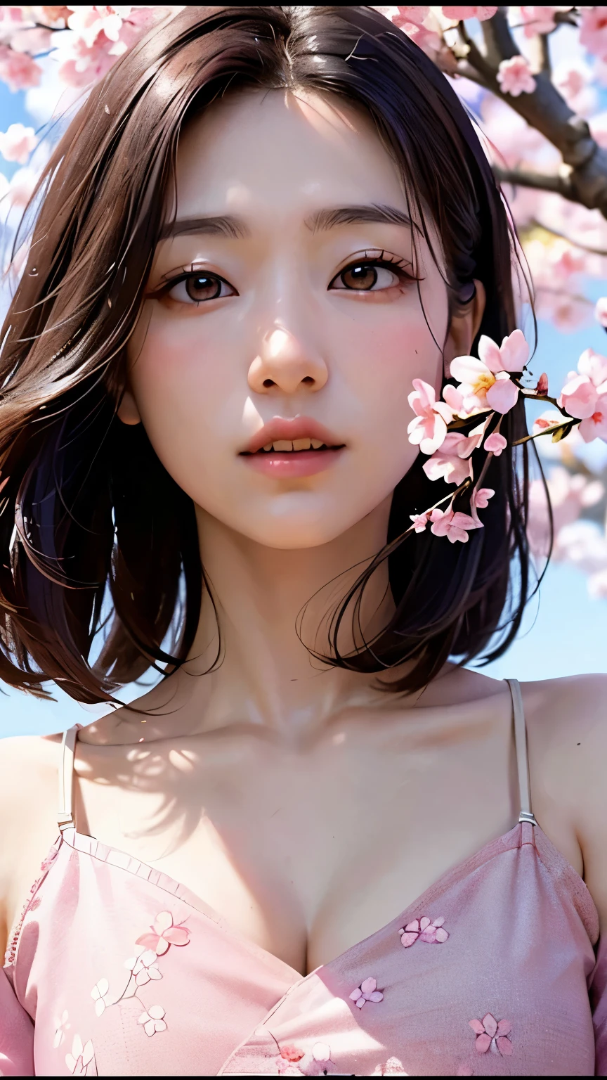 (A logo、masterpiece、8K、masutepiece、Raw photo、Fantastic、Best Quality、Photorealistic and ighly detailed CG integrated 8k wallpaper、hightquality、ighly detailed、epic poem、Particle effect、Dynamic effects、depth of fields、Cinematic Light、Lens Flare、Ray tracing)、Fantasia、 (Beauty 1 person、doress、Dress、Cherry blossom pattern、A dark-haired、Beautiful face、Real Face、beautiful details eyes beautiful skin)、my hair dances in the wind、Hair flutters in the wind、Hair jumps、Pink cherry blossom tree、Petals flutter、Sakura blizzard、Superb view、morning glow、Sun in the background、the wind、