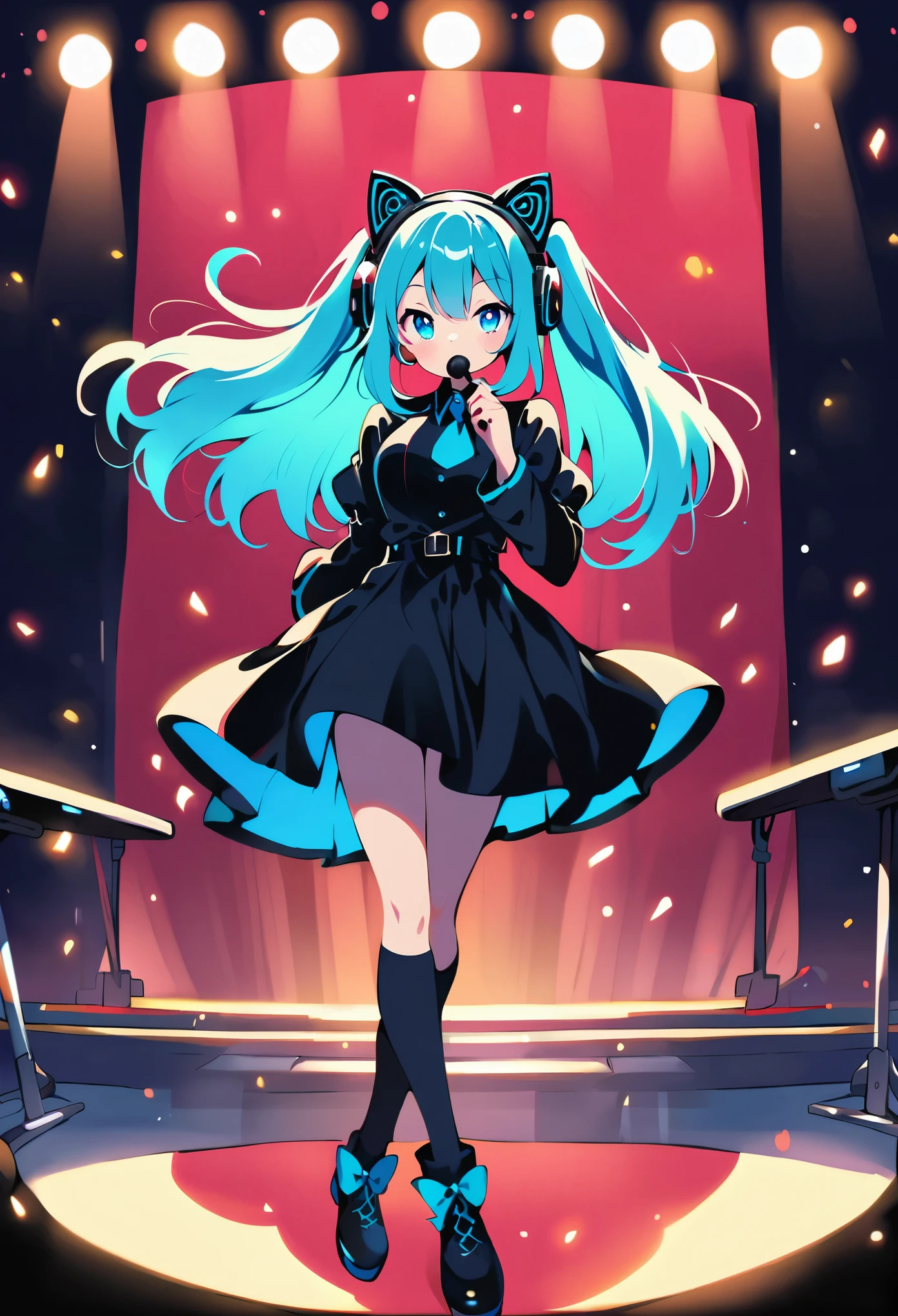Cartoon, (best quality:1.2),1girl,solo,Hatsune, (by Hayao Miyazaki), stage, microphone, cat-ear headphones, under the spotlight