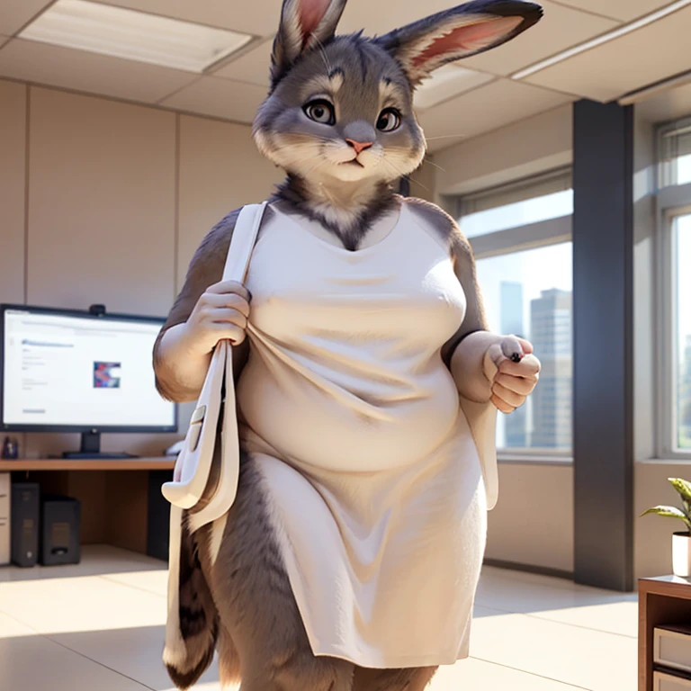 A gray chubby rabbit, wearing a white tube dress, office background, highest detail, anthro, furry art, high realistic shadows, 4k, high realistic lighting