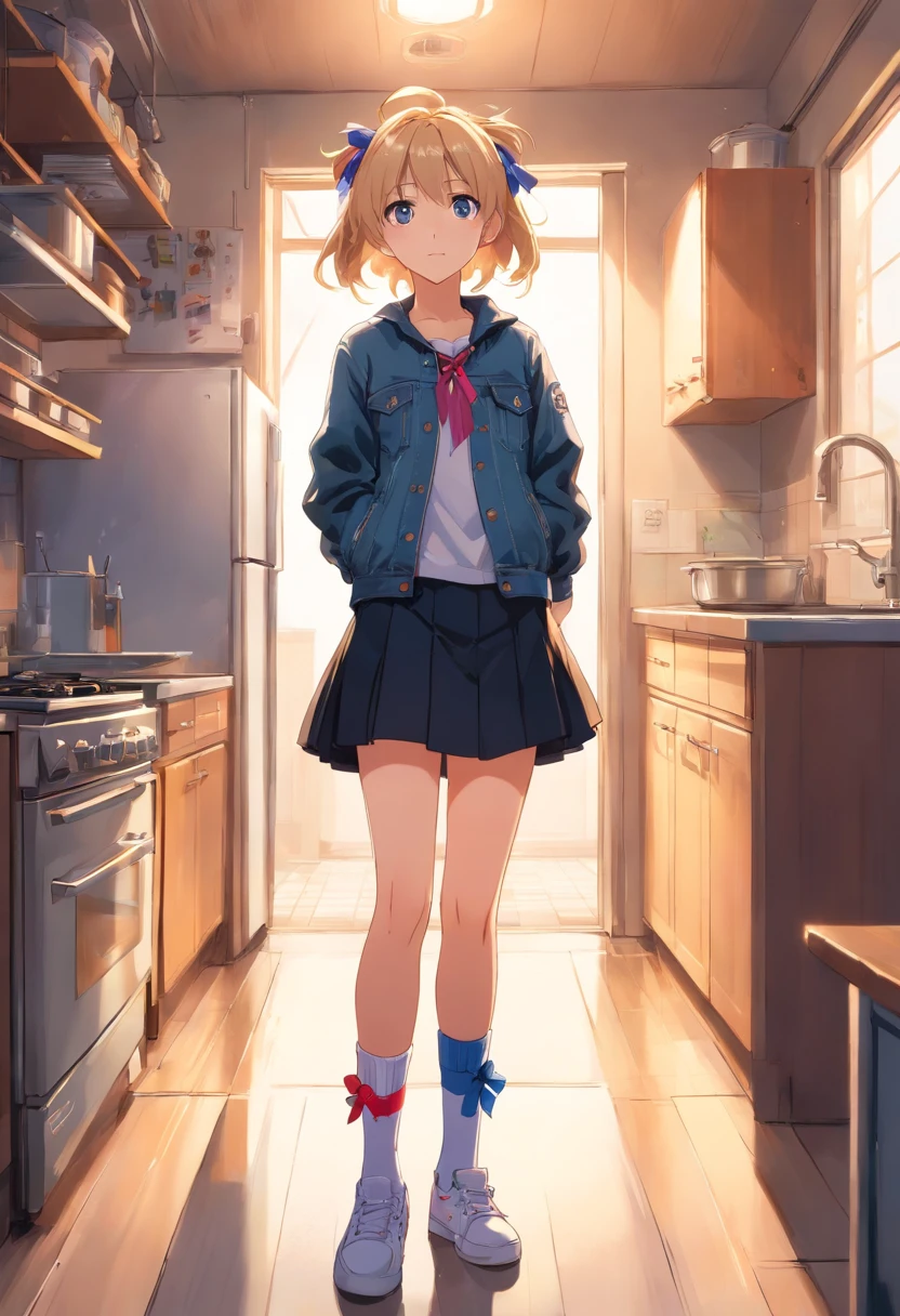 14 year old girl, rubia, pelo largo ojos color violeta,  dressed in black skirt and denim jacket, She is wearing a ribbon in her hair and socks, she is wearing white sneakers, she is standing in the kitchen, the floor is reflecting the light from the ceiling..