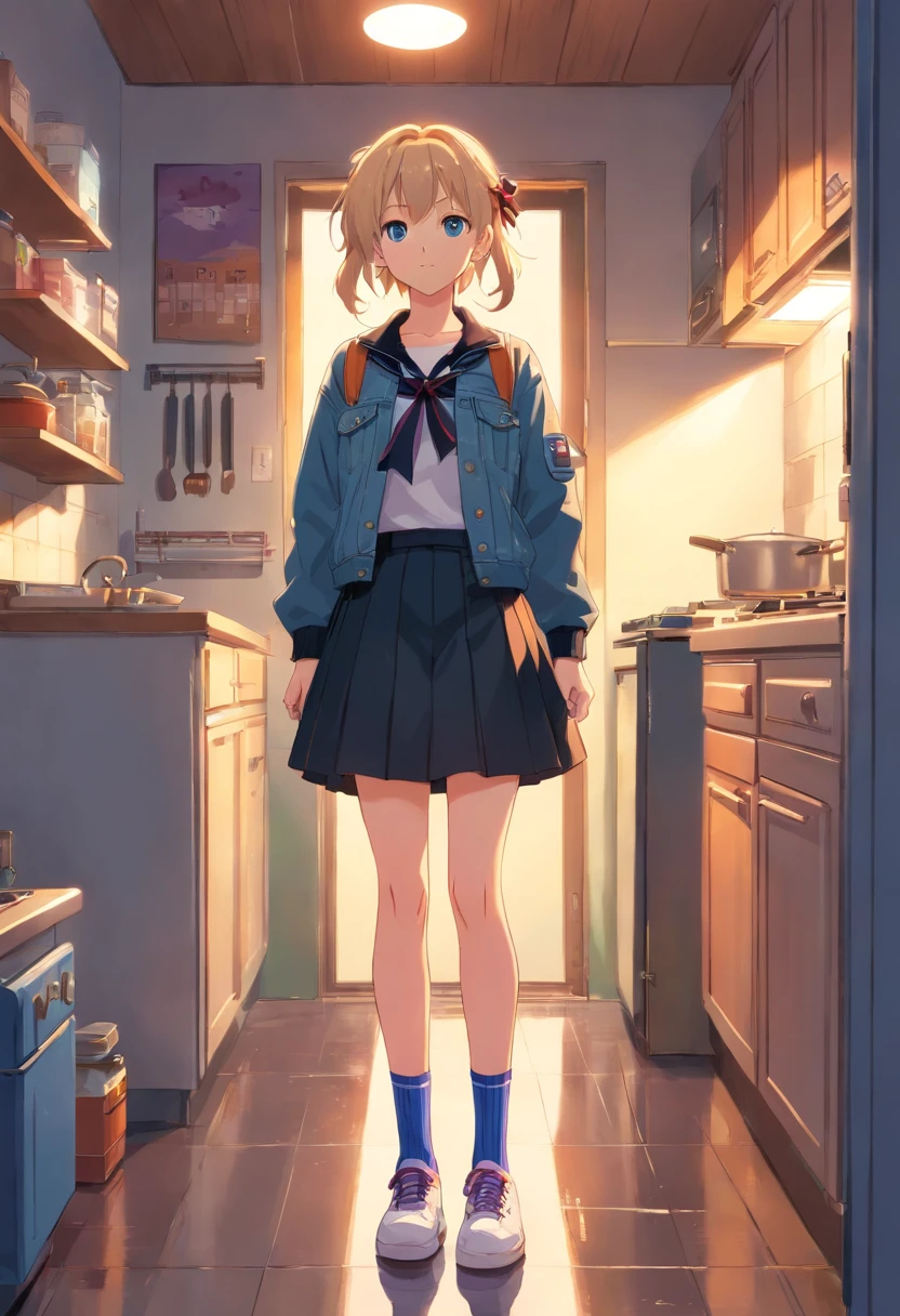 girl, rubia, pelo largo ojos color violeta, dressed in black skirt and denim jacket, She is wearing a ribbon in her hair and socks, she is wearing white sneakers, she is standing in the kitchen, the floor is reflecting the light from the ceiling..