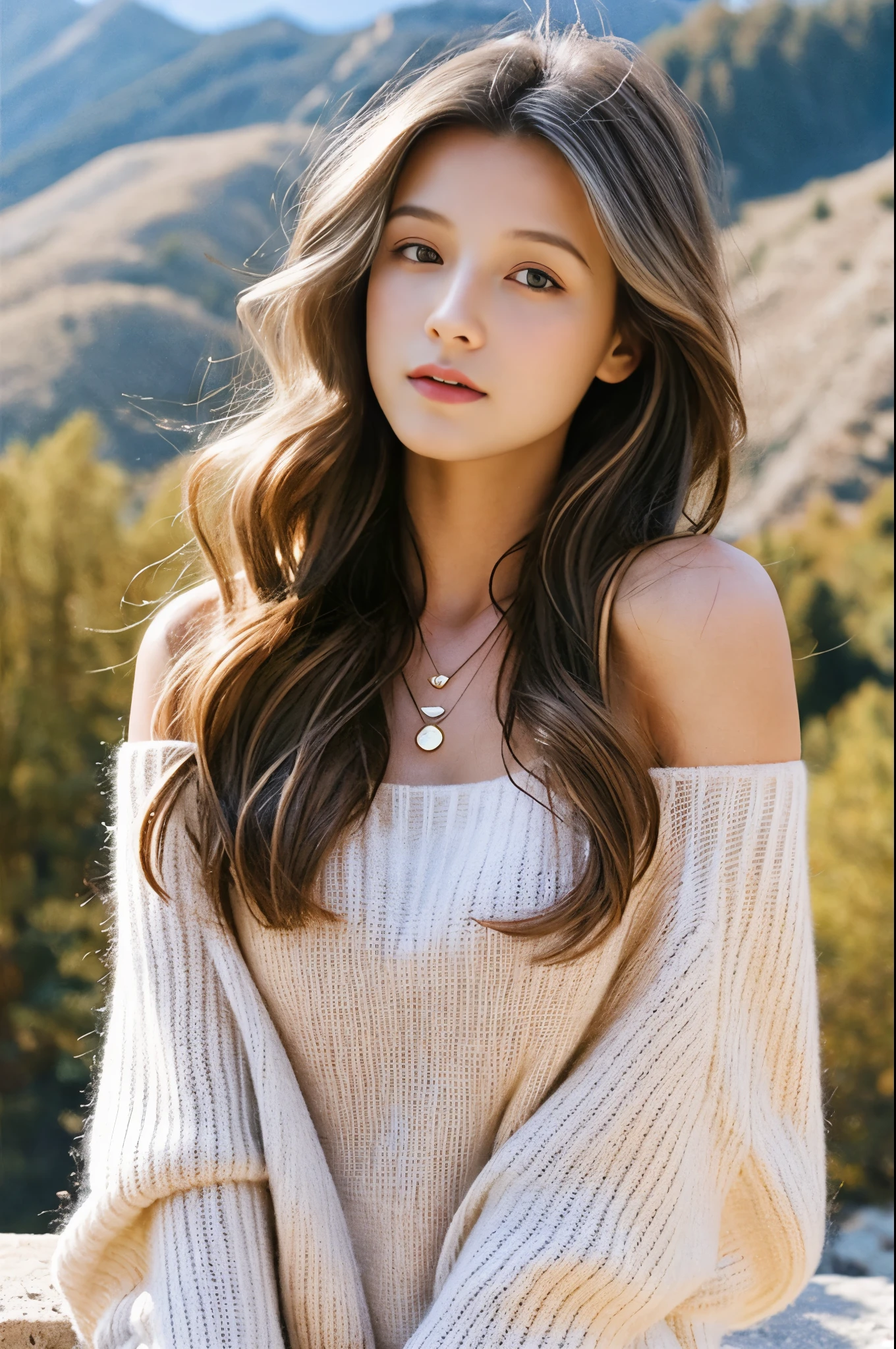 1girl in, age19, Solo, Middle hair,Wavy hair with gradients、 small tit, Looking at Viewer, long messy windy light brown hair, Bare shoulders, Full body, a necklace, off shoulders, White sweater, Realistic, A sexy, Colored leaves, mountains on background々.
