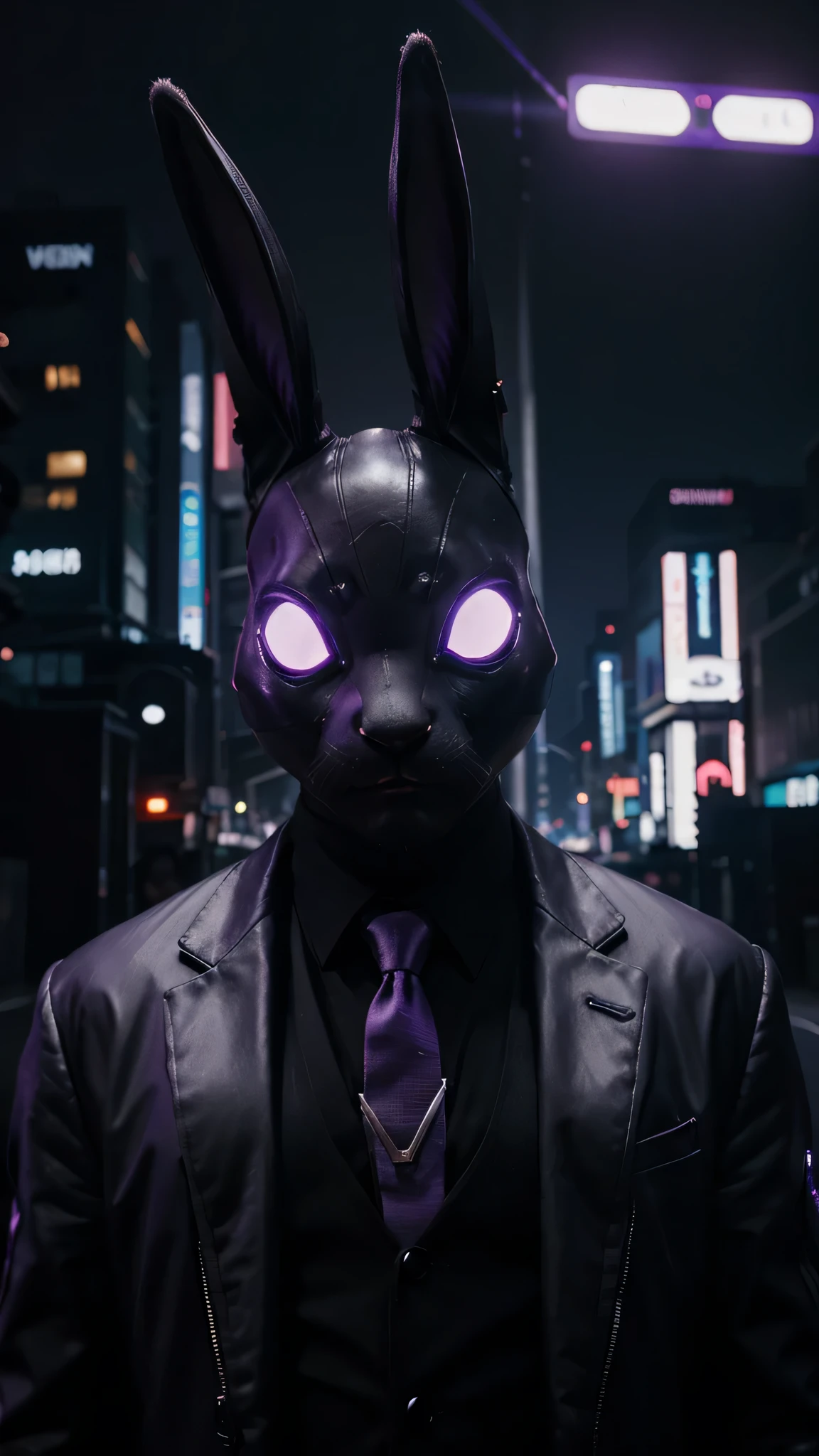 a 3d rabbit, futuristic cyberpunk style, with an evil face and with his right eye in purple LED, his right ear folded forward and a small tuft, one of his eyes was plucked out, dressed in a black suit, with a background of a city night with lighting in dark purple tones