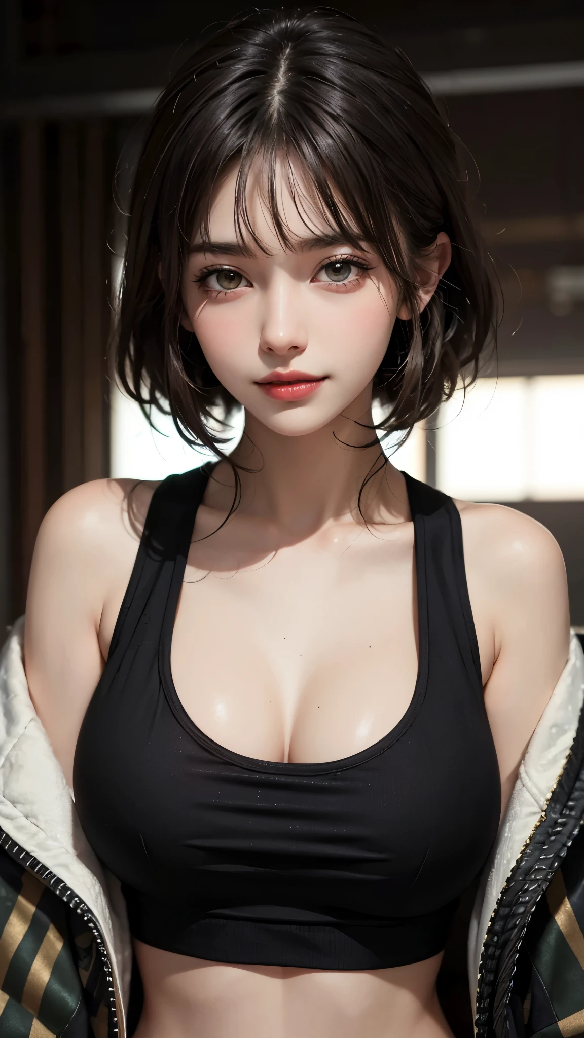 (UHD, retina, masterpiece, accurate, anatomically_correct, textured_skin, super_detail, high_details, high_quality, best_quality, high_res, 1080P, HD, 4K, 8k, 16k), (beautiful_detailed_eyes, beautiful_detailed_lips, extremely_detailed_eyes_and_face), soft_lighting, physically-based_rendering, vivid_colors, (large_breasts, glamorous_body:1.5), (shiny_hair, shiny_skin, tanned_skin, blush), (bangs:1.5), eye_reflection, (bokeh, simple_background), (black_tank_top_and_military_jacket:1.5), smile_and_laugh,
